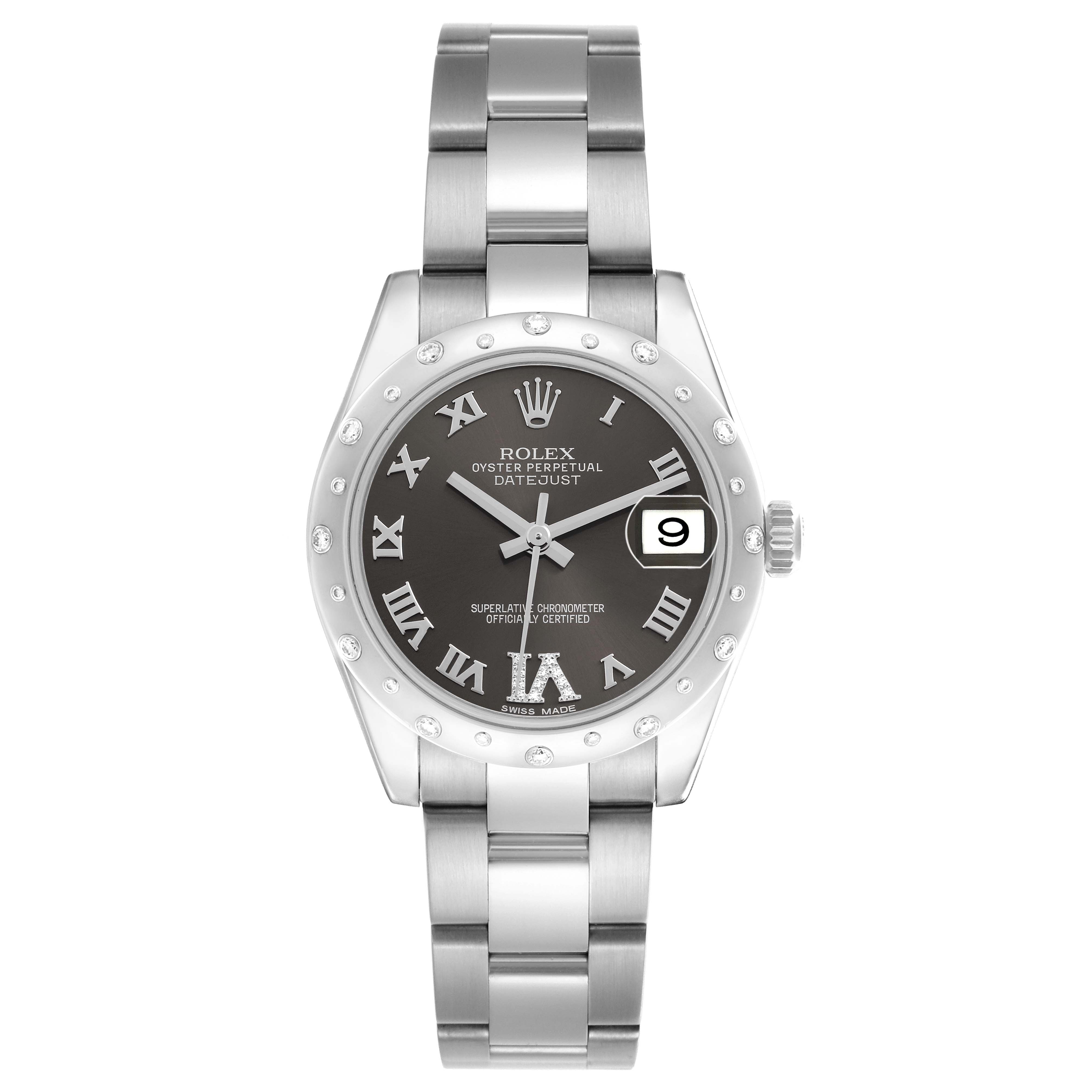 The Rolex Datejust 178344 Women
s Stainless Steel Grey Dial is shown from a straight-on view, displaying the dial, bezel, hour markers, hands, date window, and bracelet.