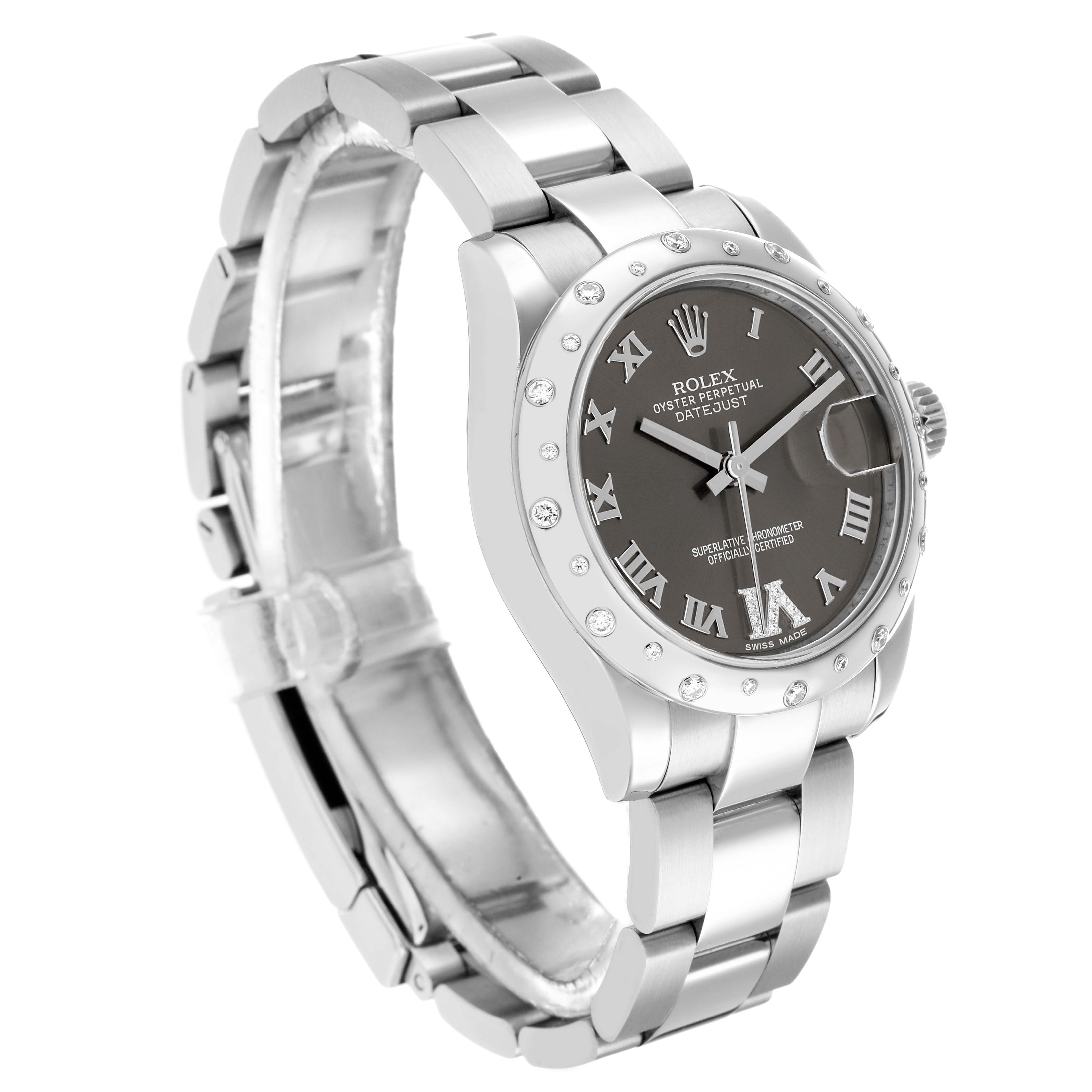 The Rolex Datejust 178344 Women
s Stainless Steel Grey Dial watch is shown at a three-quarter angle, displaying the dial, bezel, and bracelet.