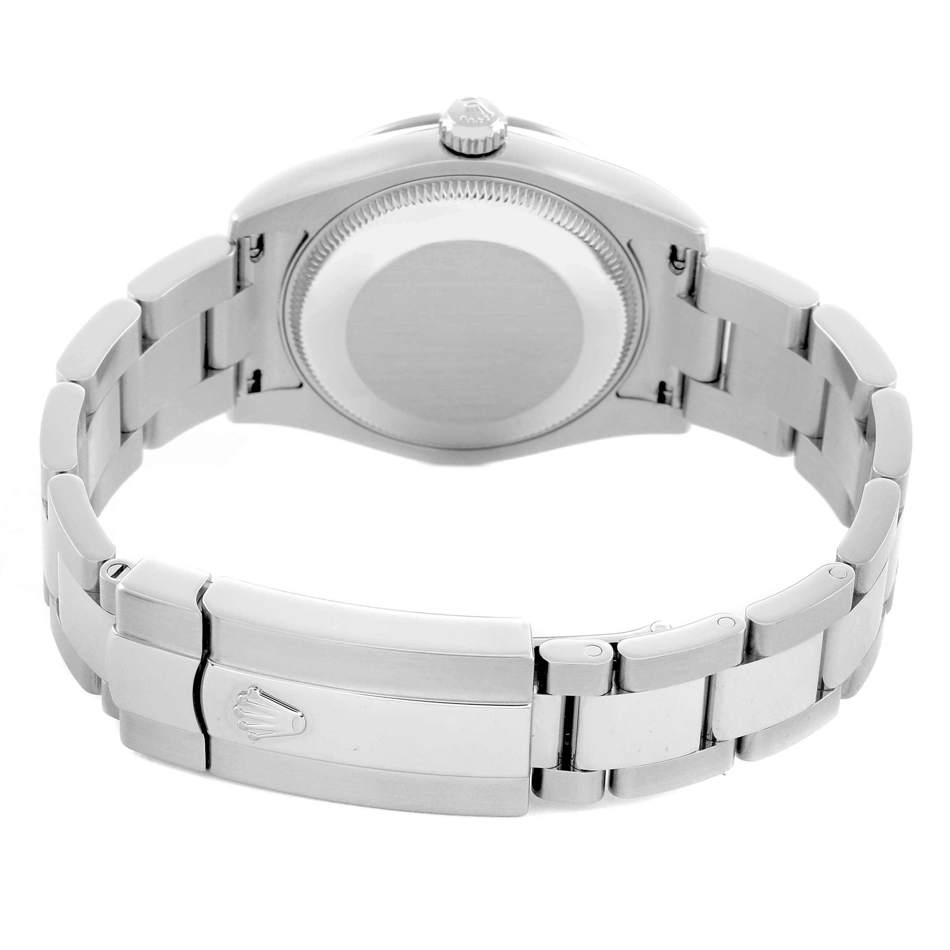 The image shows the back view of a Rolex Datejust 178344 Women
s Stainless Steel Grey Dial watch, highlighting the case, clasp, and bracelet.