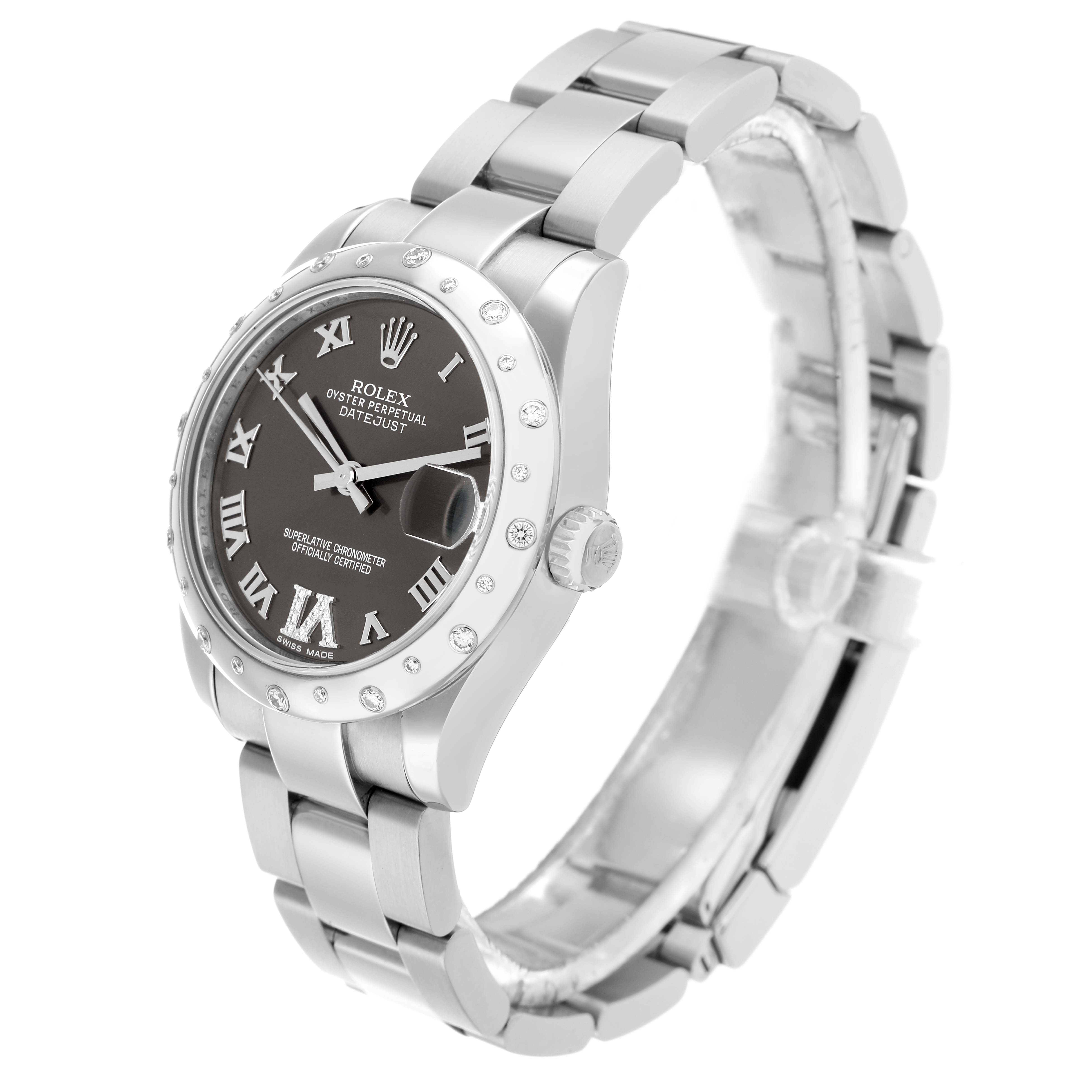 The Rolex Datejust 178344 Women
s Stainless Steel Grey Dial watch is shown at a three-quarter angle, displaying its dial, bezel, case, and bracelet.