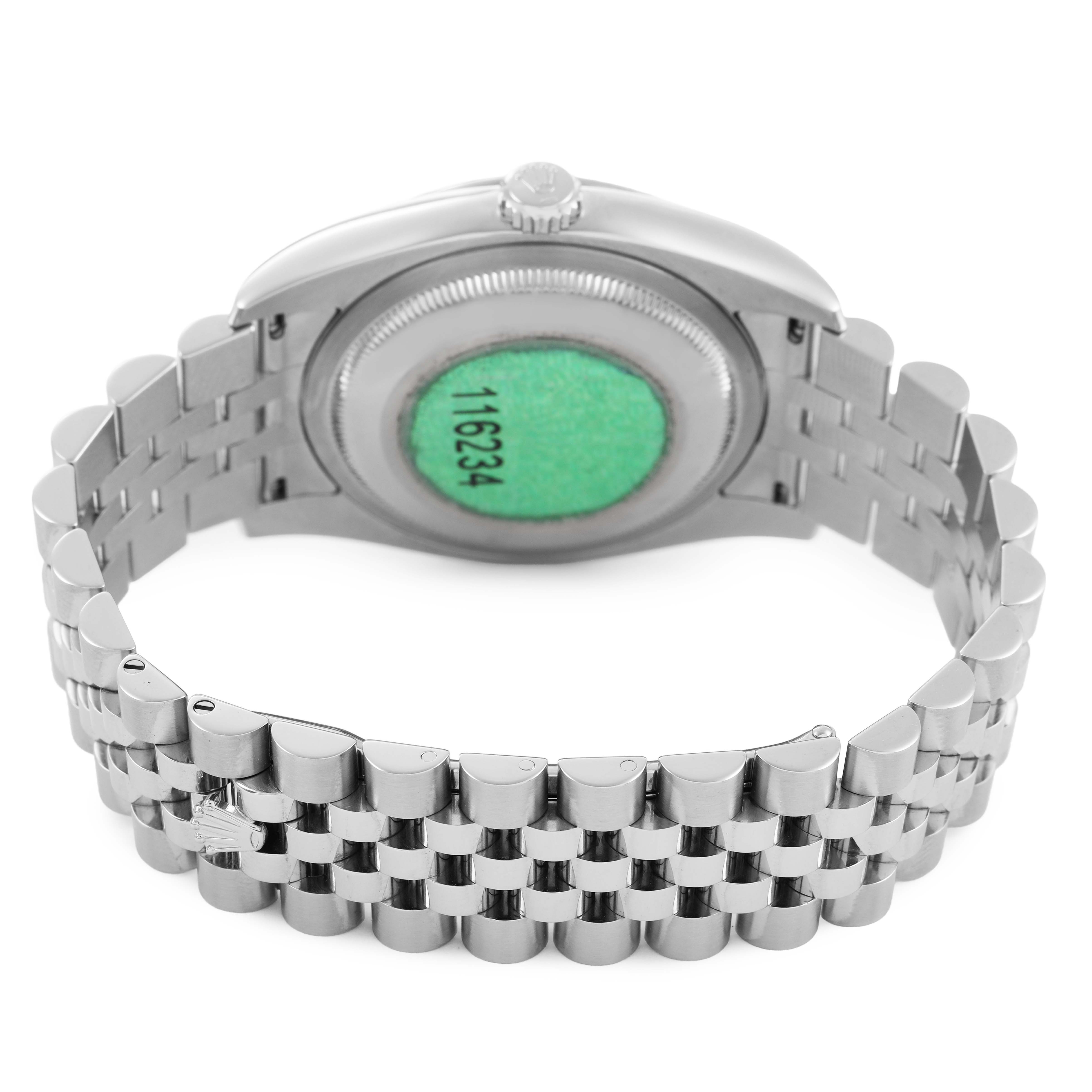 The image shows the back of the Rolex Datejust 116234 Men's Stainless Steel Mother of Pearl Dial watch case and its bracelet at a rear angle.