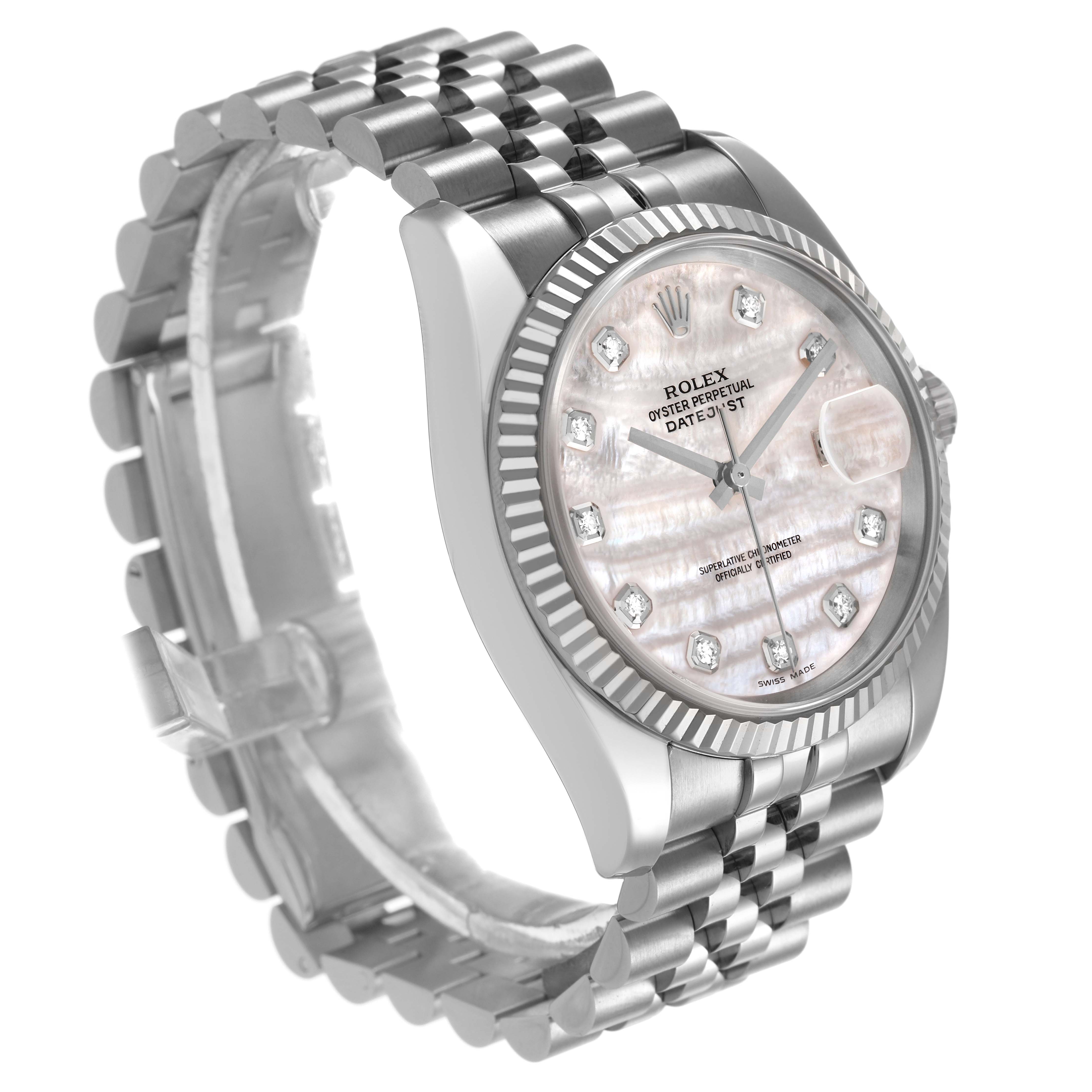 The Rolex Datejust 116234 Men's Stainless Steel Mother of Pearl Dial watch is shown from a three-quarter angle, highlighting the dial, bezel, and bracelet.
