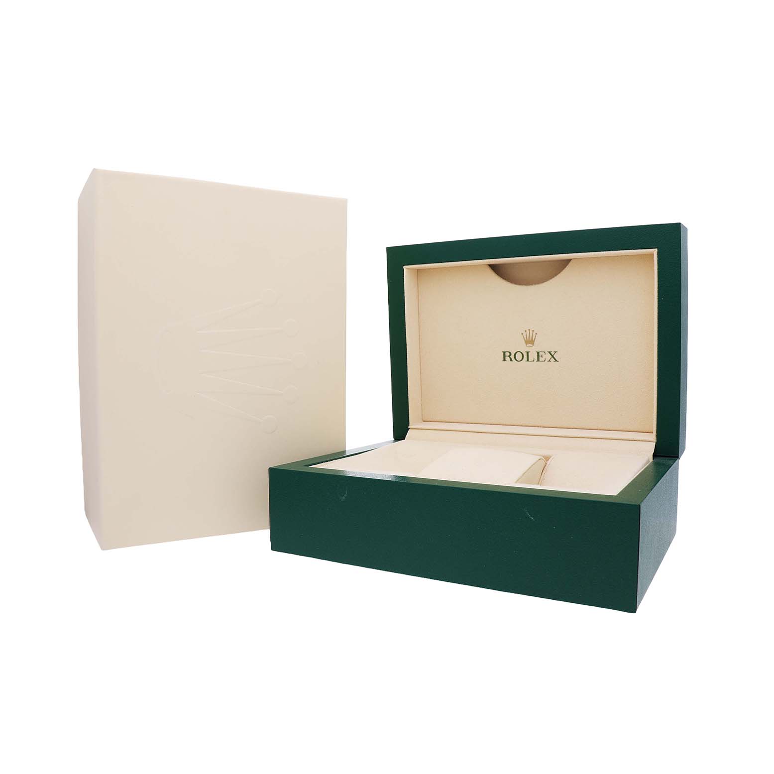 The image shows an open Rolex Datejust 116234 Men's Stainless Steel Mother of Pearl Dial watch box with a green exterior and a beige interior, alongside its outer box.