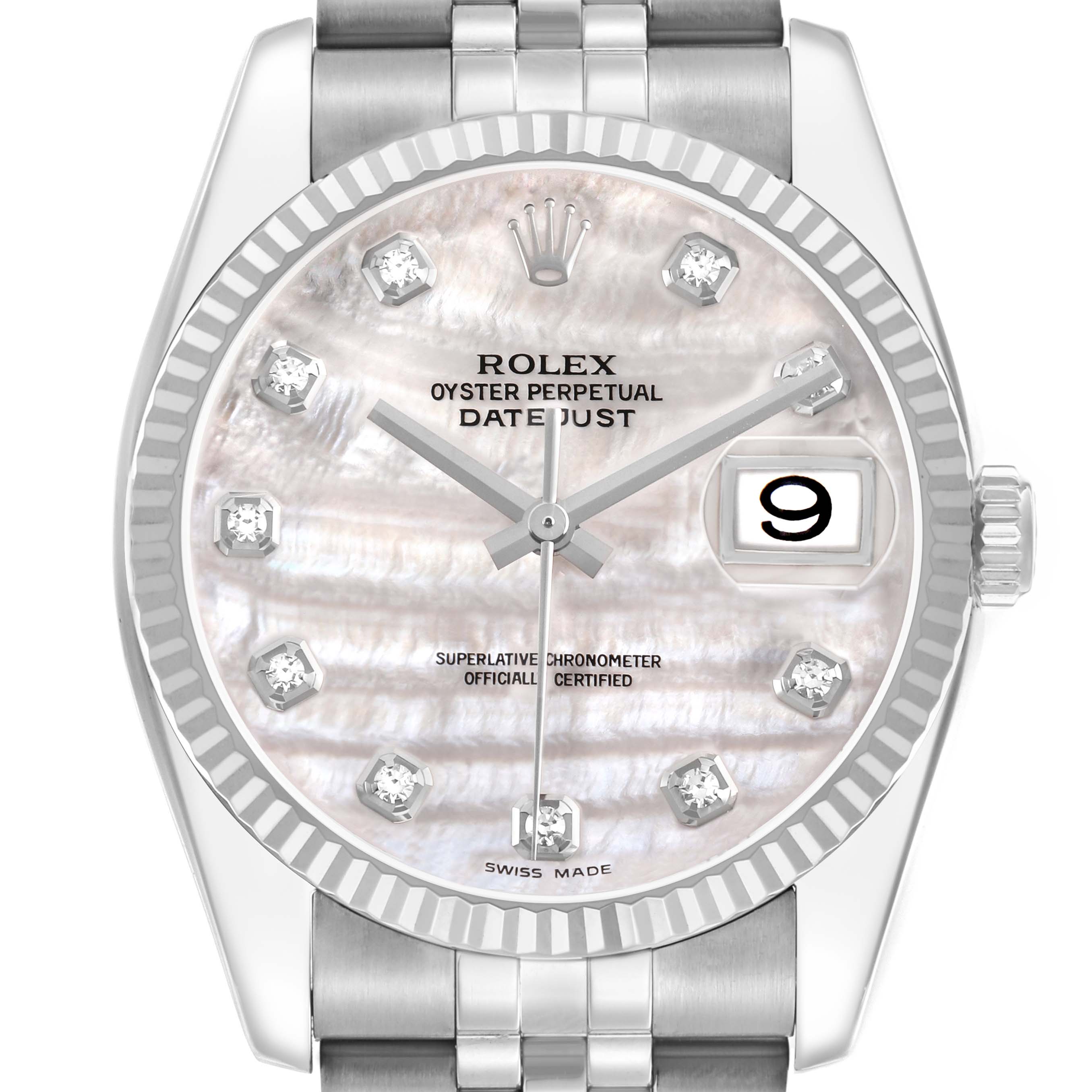 The Rolex Datejust 116234 Men's Stainless Steel Mother of Pearl Dial watch shown is captured from the front, highlighting its dial, hands, markers, bezel, and part of the bracelet.