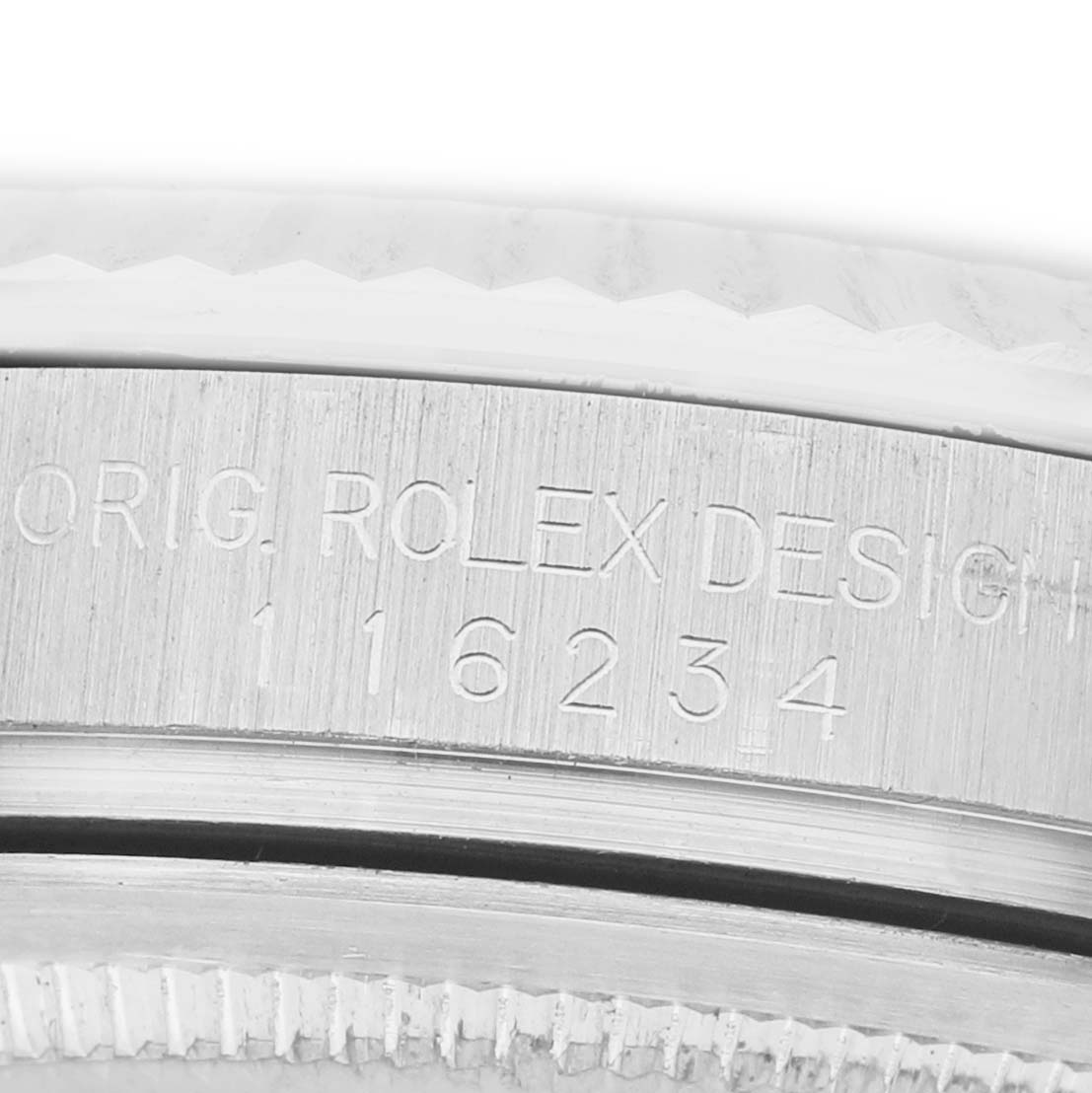 The image shows the model number and branding inscribed on the side of a Rolex Datejust 116234 Men's Stainless Steel Mother of Pearl Dial watch case.