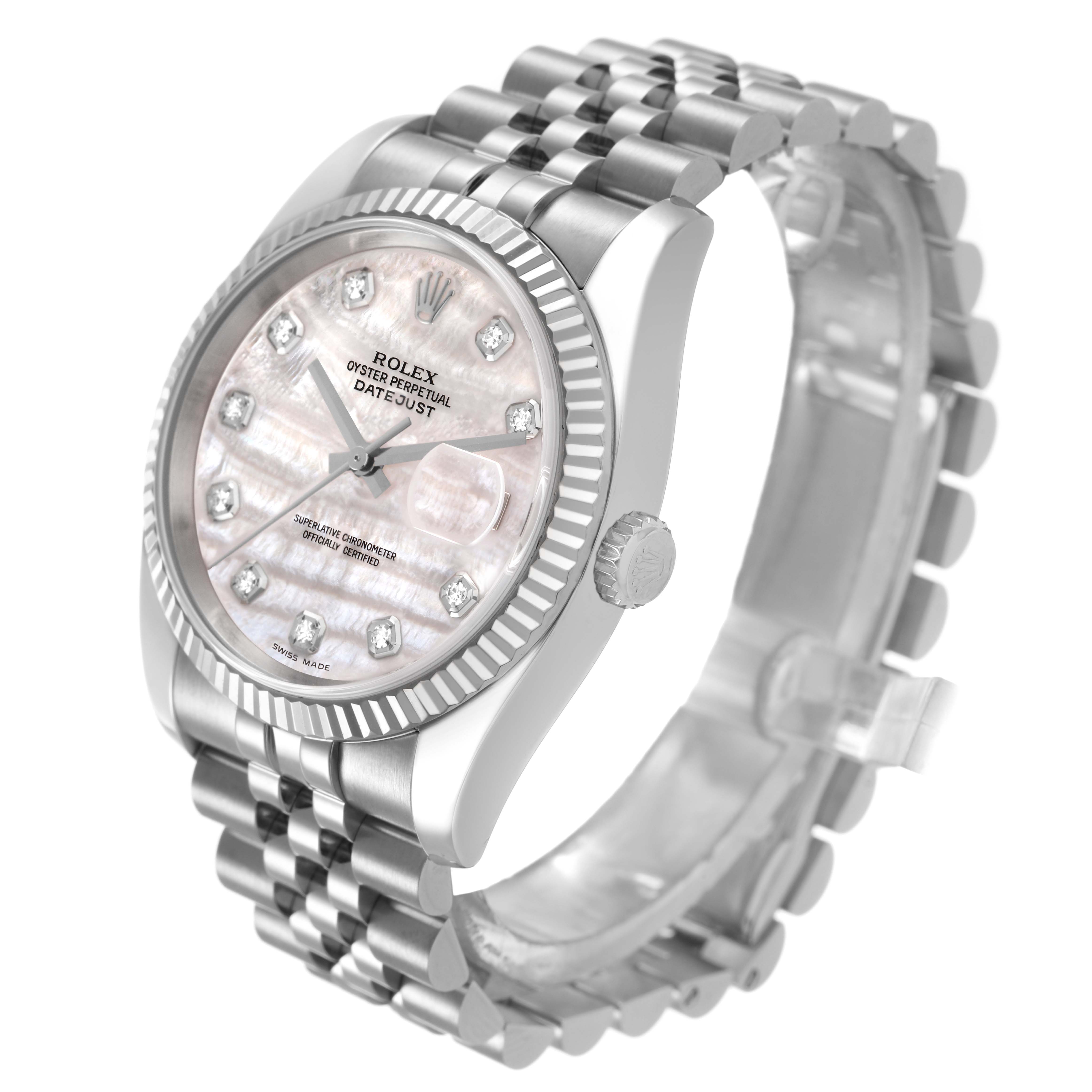 The Rolex Datejust 116234 Men's Stainless Steel Mother of Pearl Dial watch is angled to show the face, bezel, crown, and bracelet.