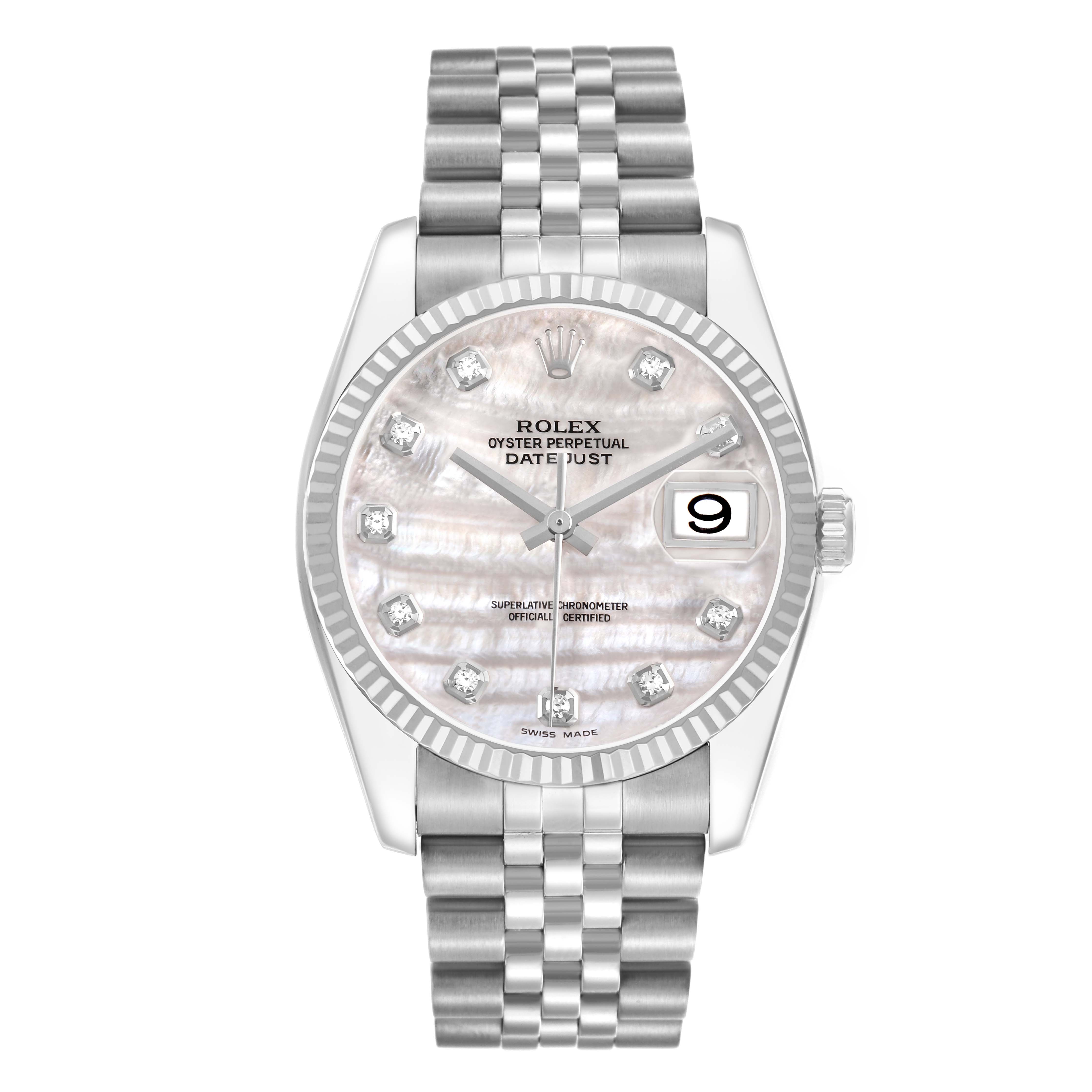 The Rolex Datejust 116234 Men's Stainless Steel Mother of Pearl Dial watch is shown from a front angle, highlighting its dial, bezel, and jubilee bracelet.