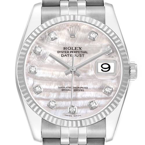The image shows the face of a Rolex Datejust 116234 Men's Stainless Steel Mother of Pearl Dial watch, highlighting its bezel, dial, markers, hands, and date window.