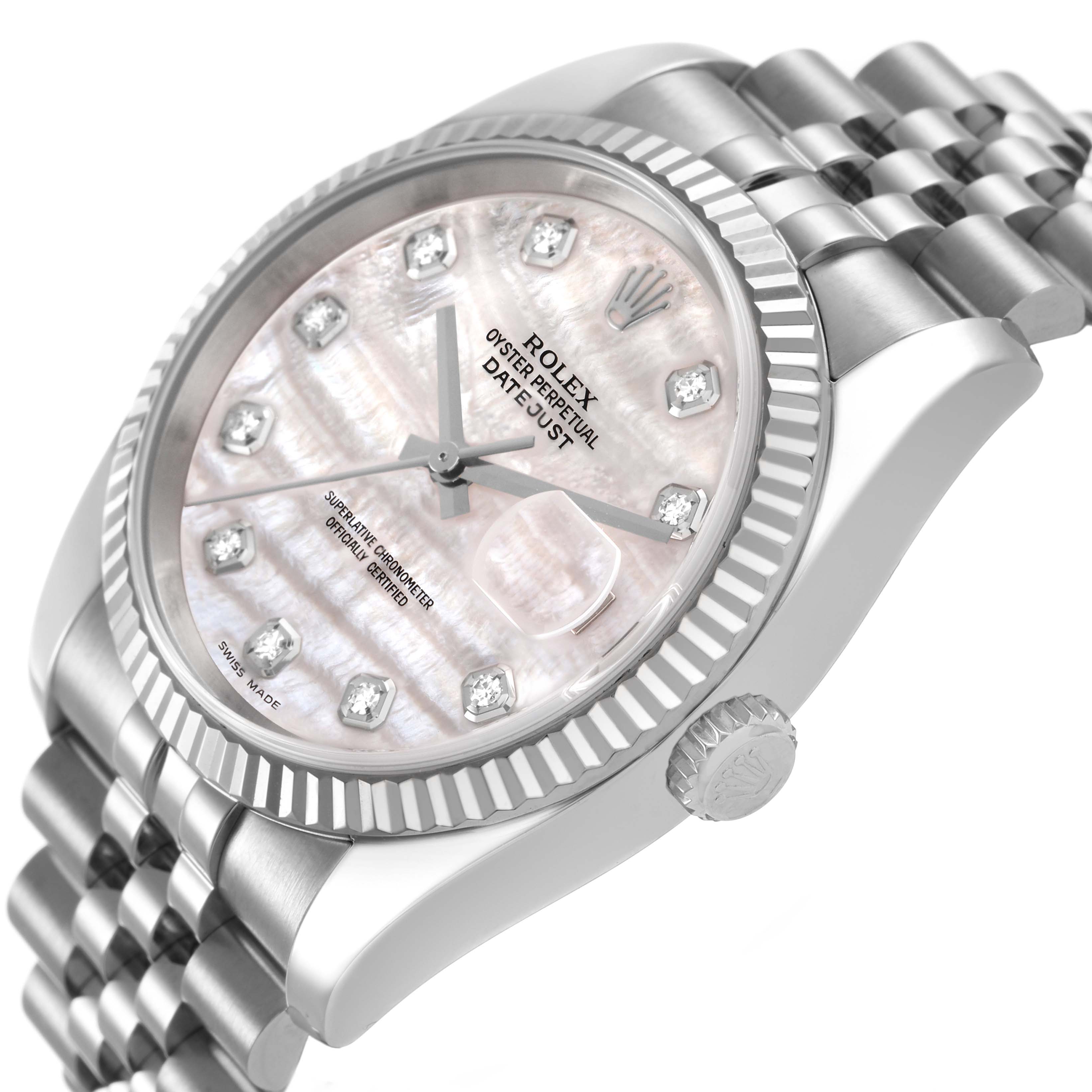 The Rolex Datejust 116234 Men's Stainless Steel Mother of Pearl Dial watch is shown at an angle highlighting the face, bezel, case, crown, and part of the bracelet.