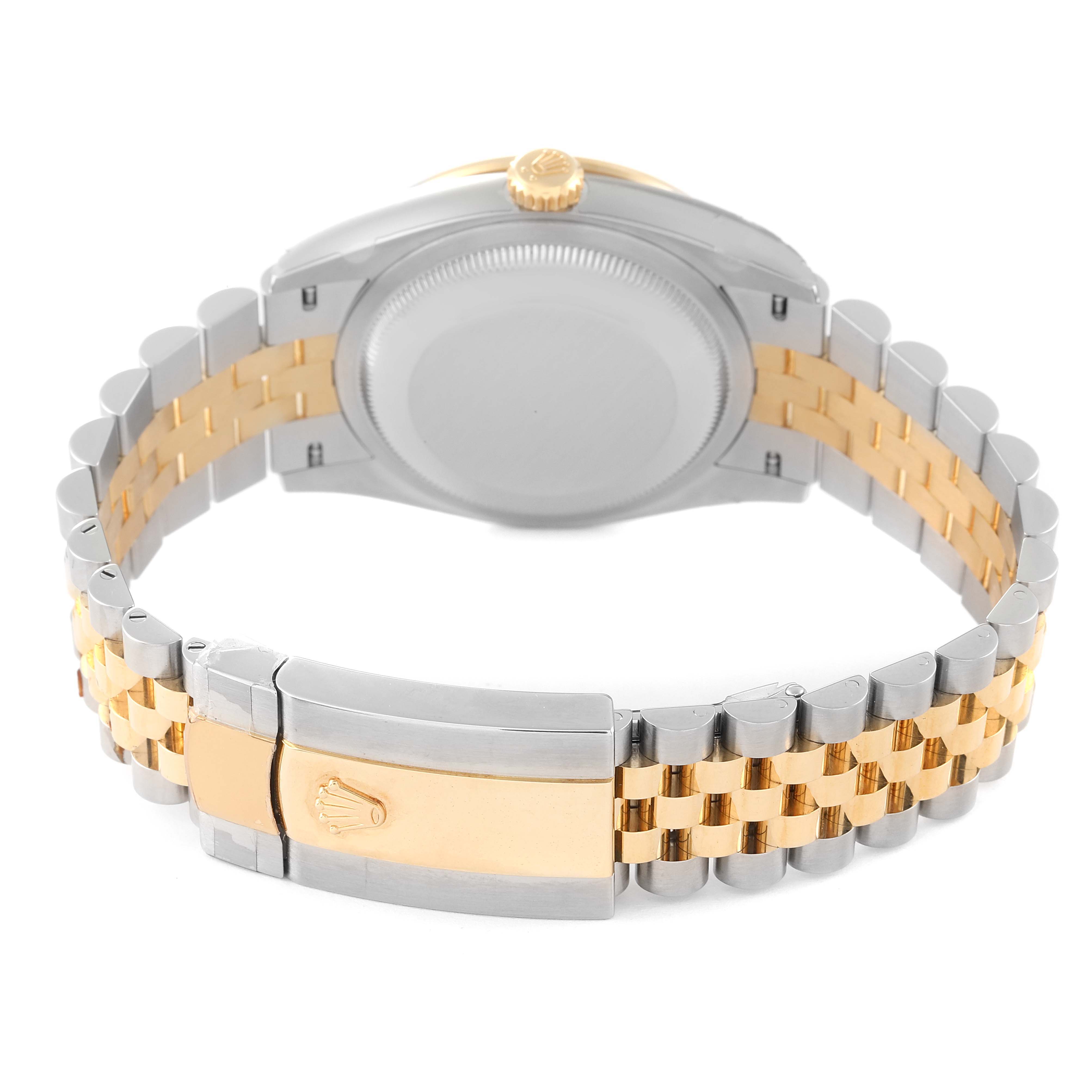 The image shows the back and clasp of a Rolex Datejust 126283 Men's Steel and Gold (two tone) Silver Dial 126283 Men's Steel and Gold (two tone) Silver Dial watch, highlighting its two-tone bracelet.