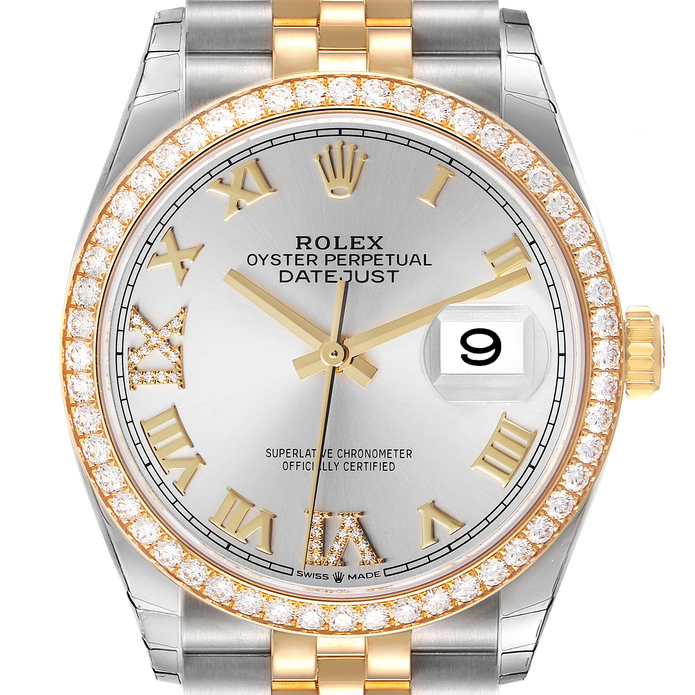 The image shows a close-up, front view of a Rolex Datejust 126283 Men's Steel and Gold (two tone) Silver Dial 126283 Men's Steel and Gold (two tone) Silver Dial watch, highlighting its diamond bezel, dial, Roman numeral markers, and date window.
