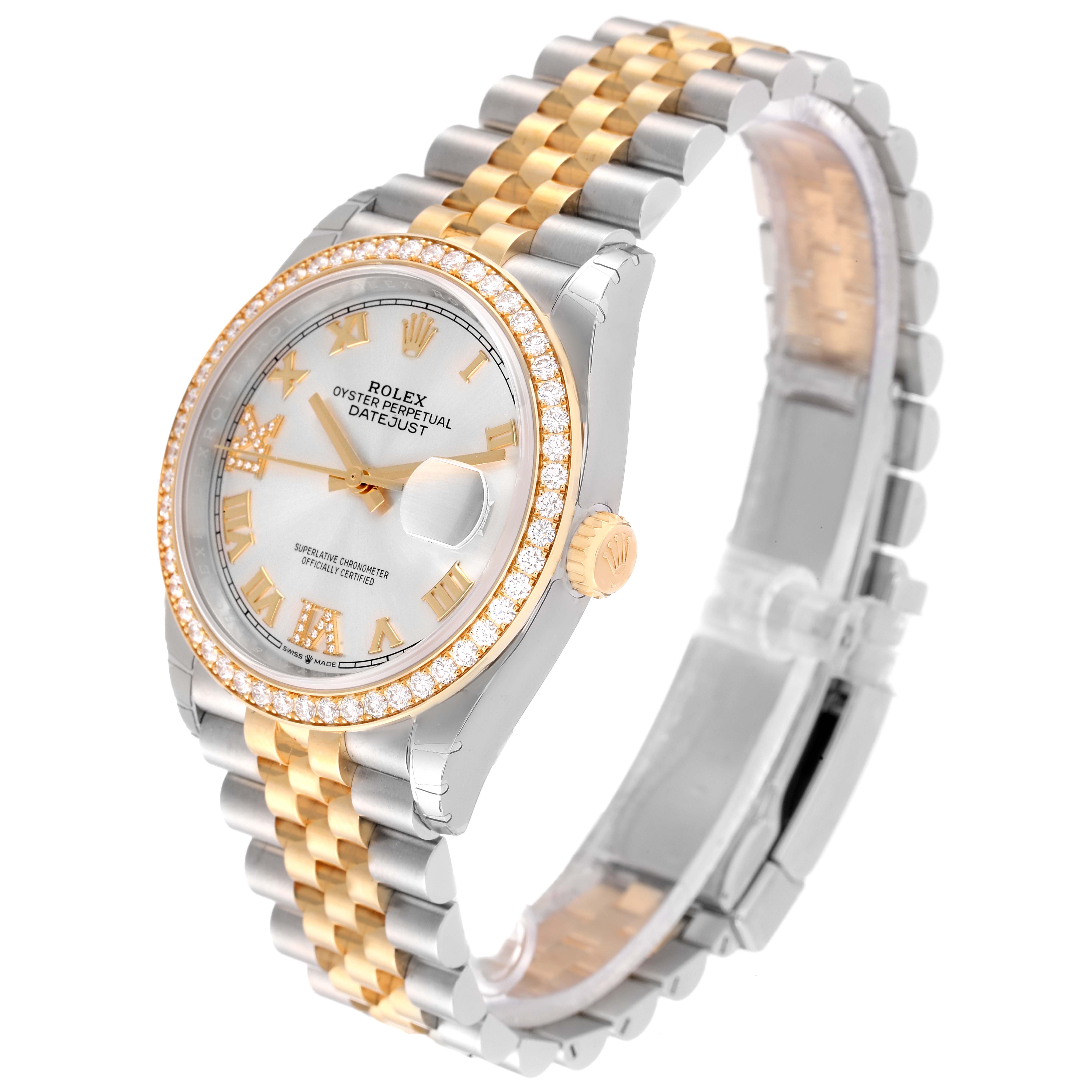 The image shows a Rolex Datejust 126283 Men's Steel and Gold (two tone) Silver Dial 126283 Men's Steel and Gold (two tone) Silver Dial watch at an angled view, highlighting its dial, bezel, crown, and two-tone bracelet.