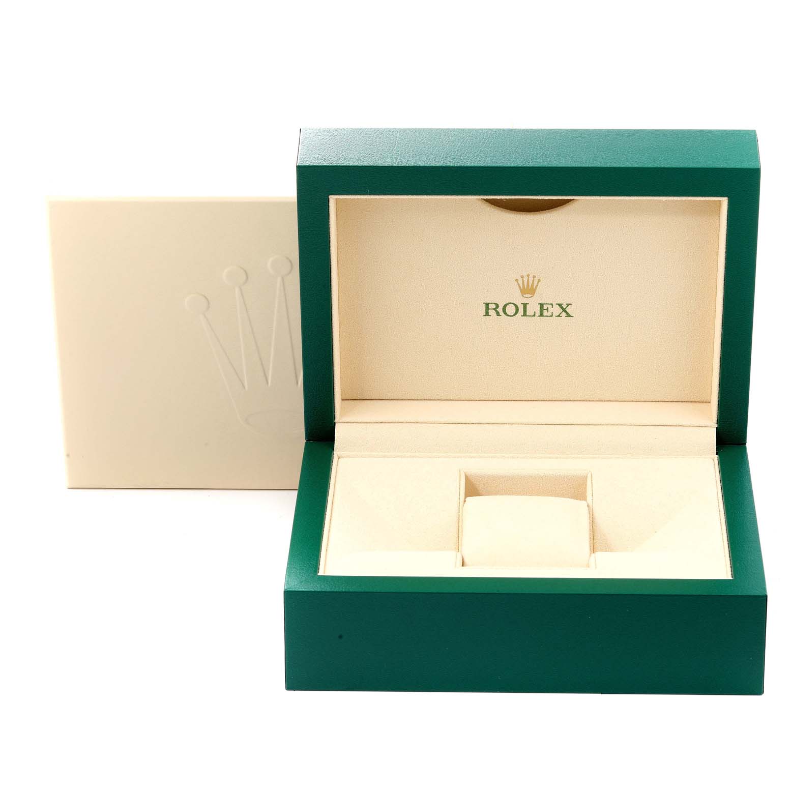 The image shows an open, empty Rolex watch box with the logo inside, used for storing a Datejust model watch.