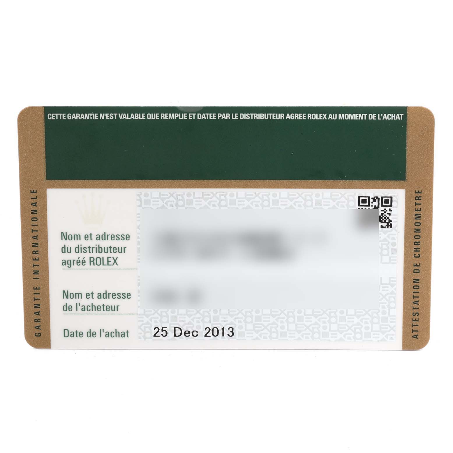 This image shows the warranty card for a Rolex Datejust 116231 Men's Steel and Gold (two tone) Pink Dial 116231 Men's Steel and Gold (two tone) Pink Dial watch, including purchase details and authorized dealer information.