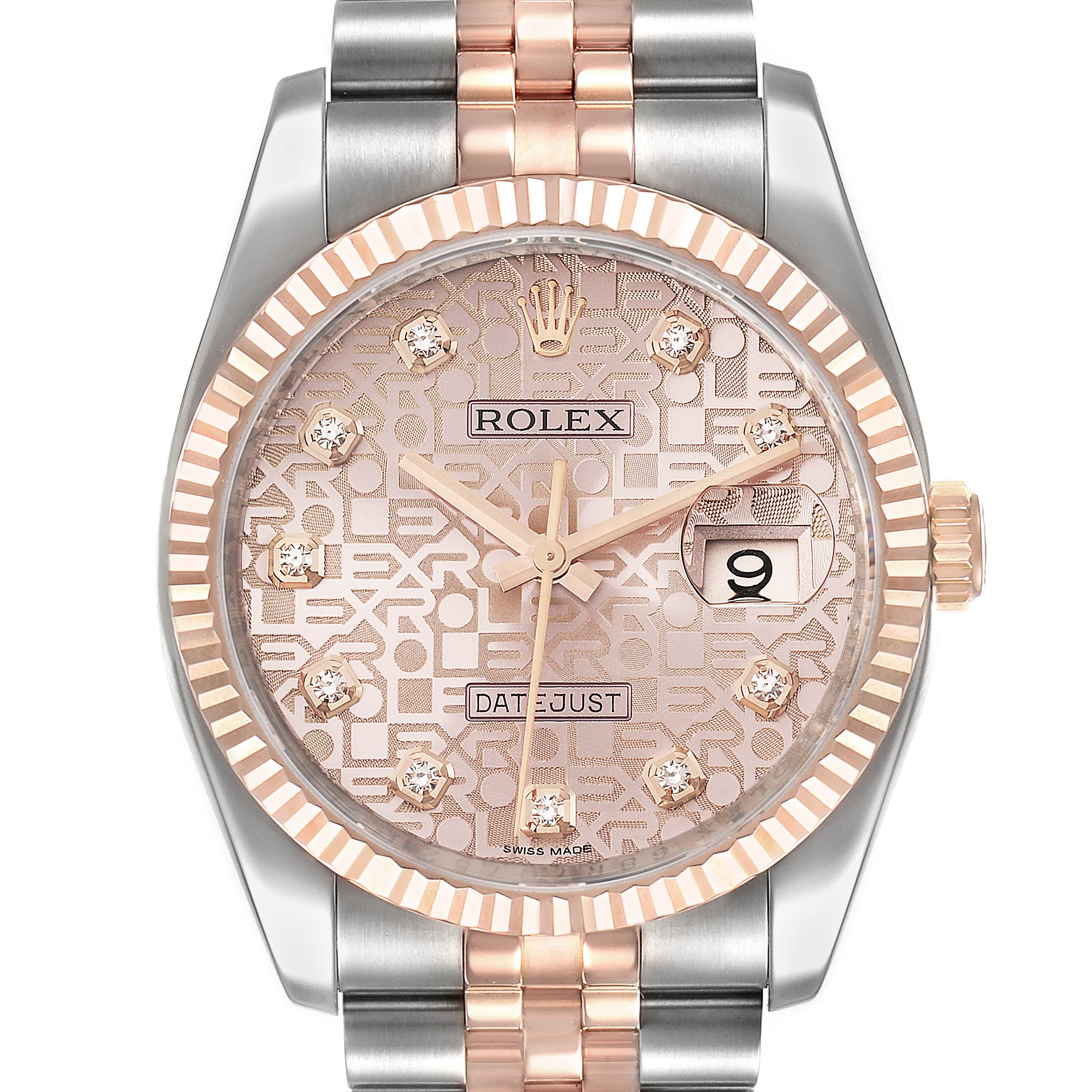 This Rolex Datejust 116231 Men's Steel and Gold (two tone) Pink Dial 116231 Men's Steel and Gold (two tone) Pink Dial watch is shown from the front, highlighting its dial, bezel, crown, and part of the bracelet.