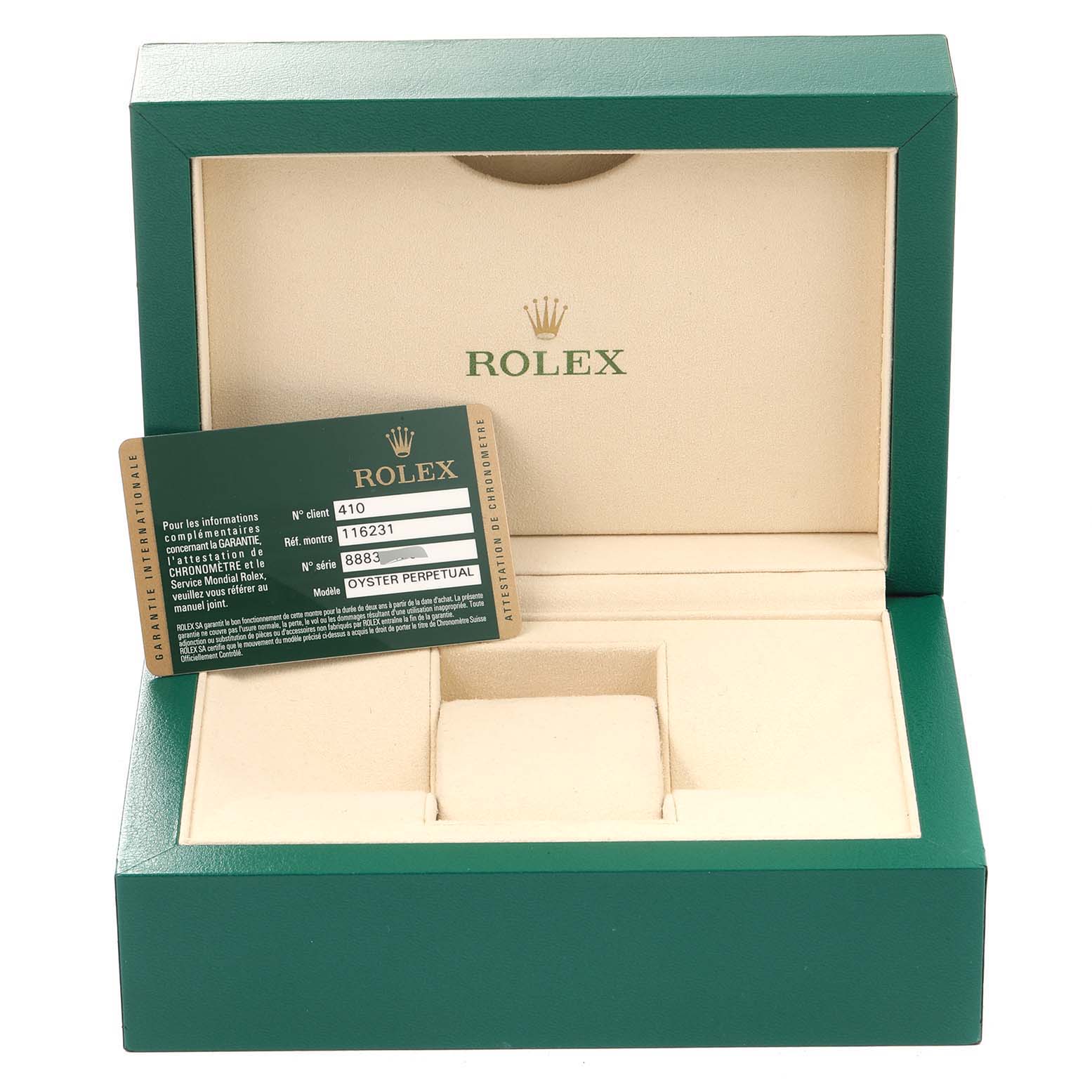 The image shows an open green Rolex watch box for the Datejust model with a warranty card displayed inside.