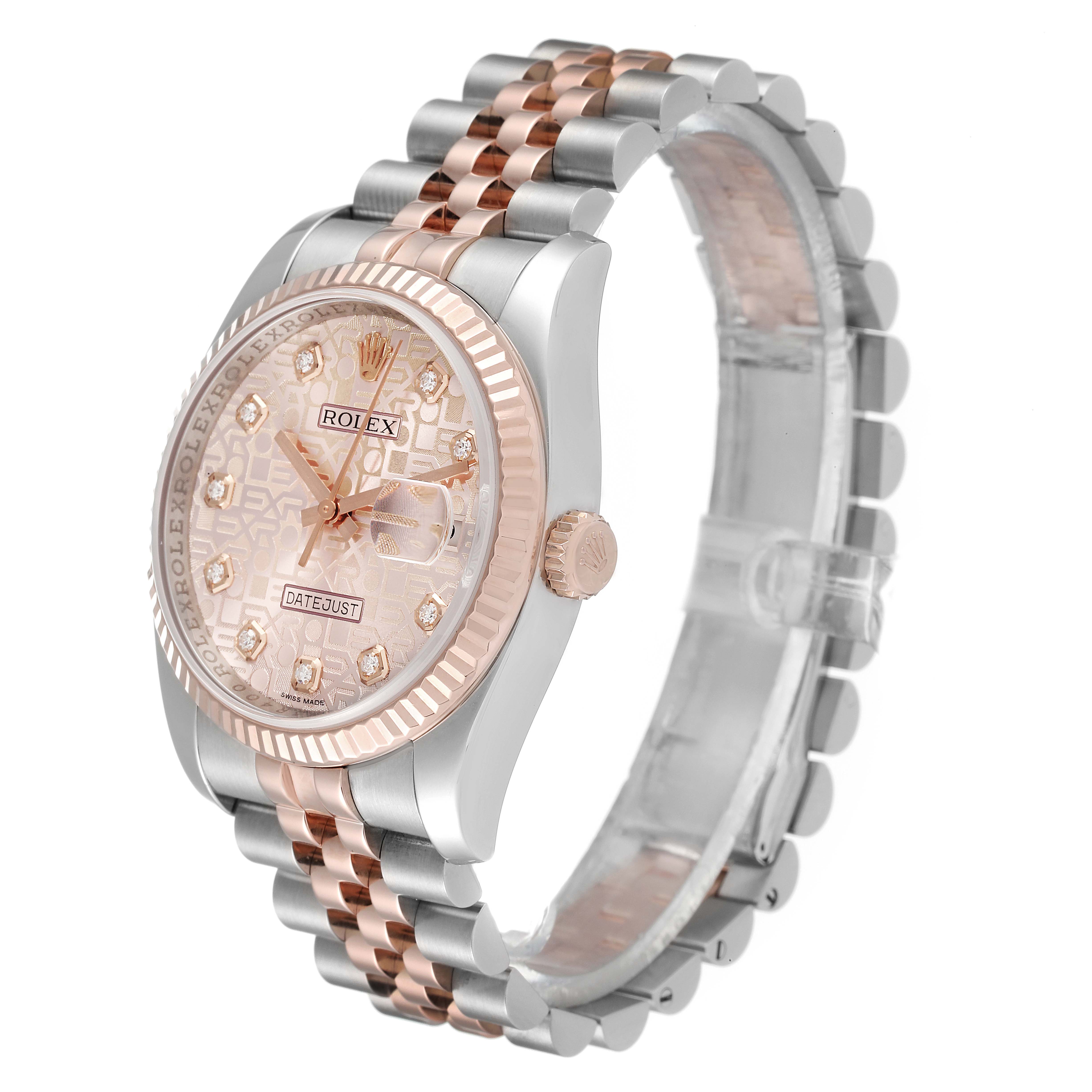 The image shows a Rolex Datejust 116231 Men's Steel and Gold (two tone) Pink Dial 116231 Men's Steel and Gold (two tone) Pink Dial watch at an angled side view, highlighting its face, bezel, crown, and two-tone metal bracelet.
