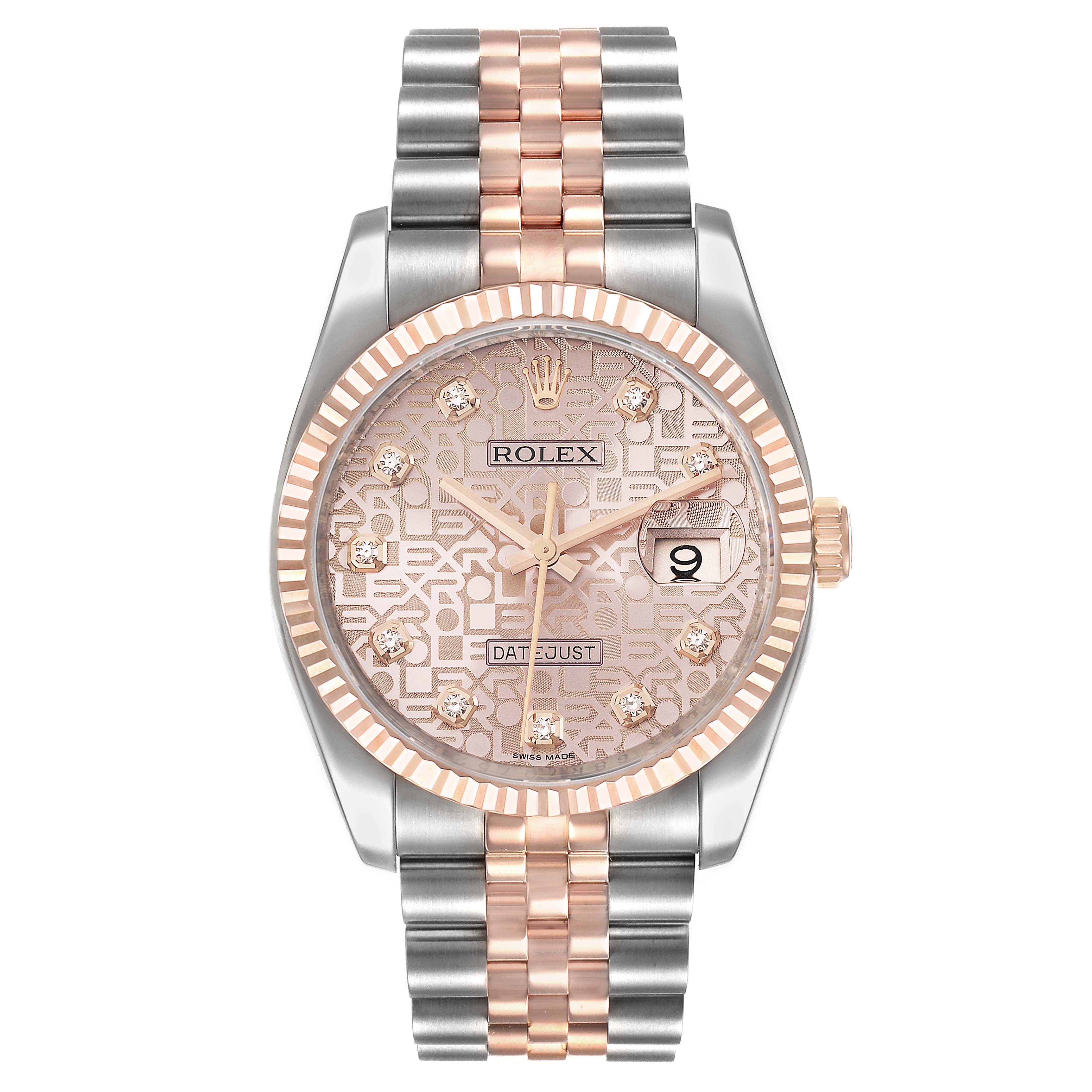 This image shows a Rolex Datejust 116231 Men's Steel and Gold (two tone) Pink Dial 116231 Men's Steel and Gold (two tone) Pink Dial watch from the front, displaying its dial, bezel, and two-tone bracelet.