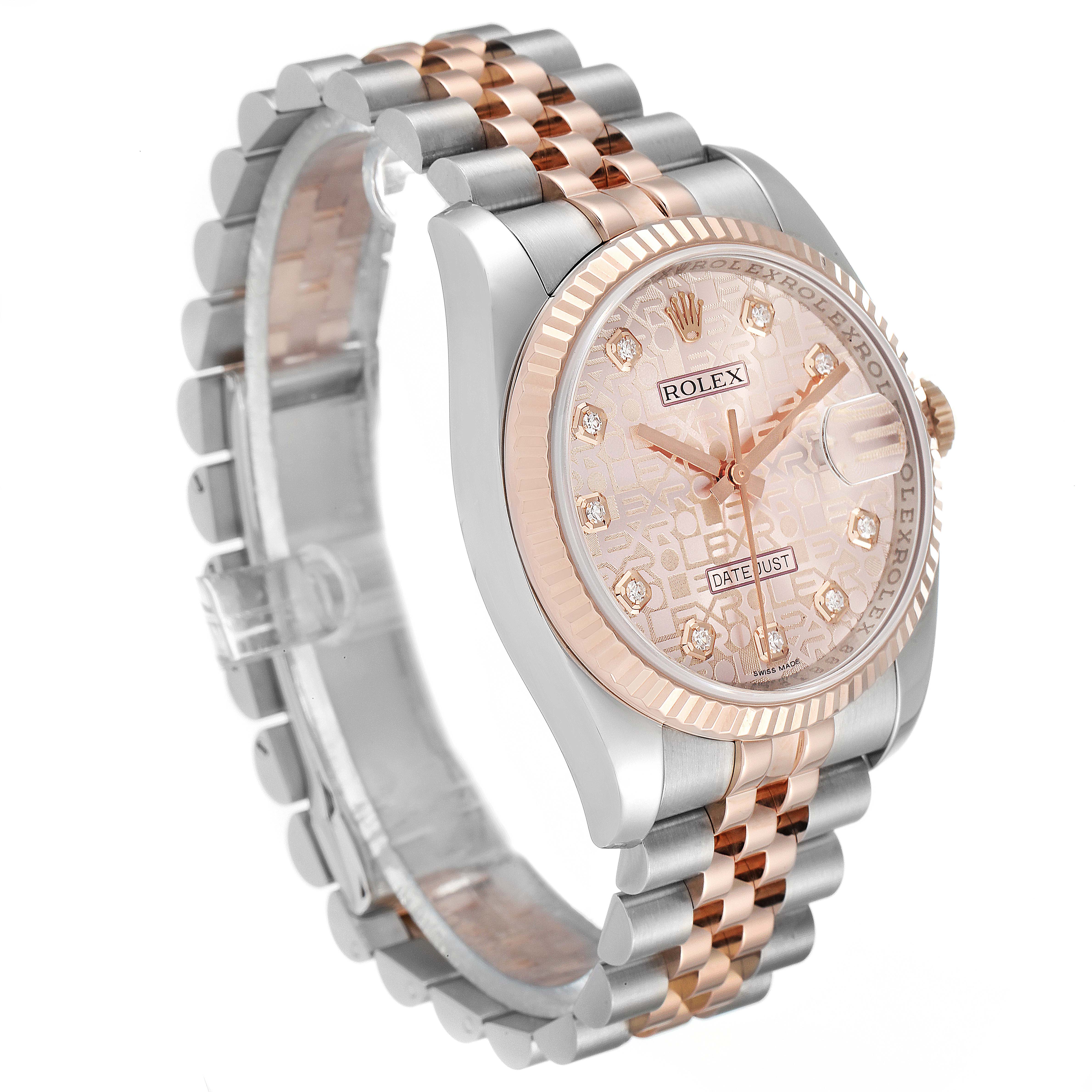 This image shows a Rolex Datejust 116231 Men's Steel and Gold (two tone) Pink Dial 116231 Men's Steel and Gold (two tone) Pink Dial watch from a three-quarter angle, displaying its face, bracelet, and bezel.