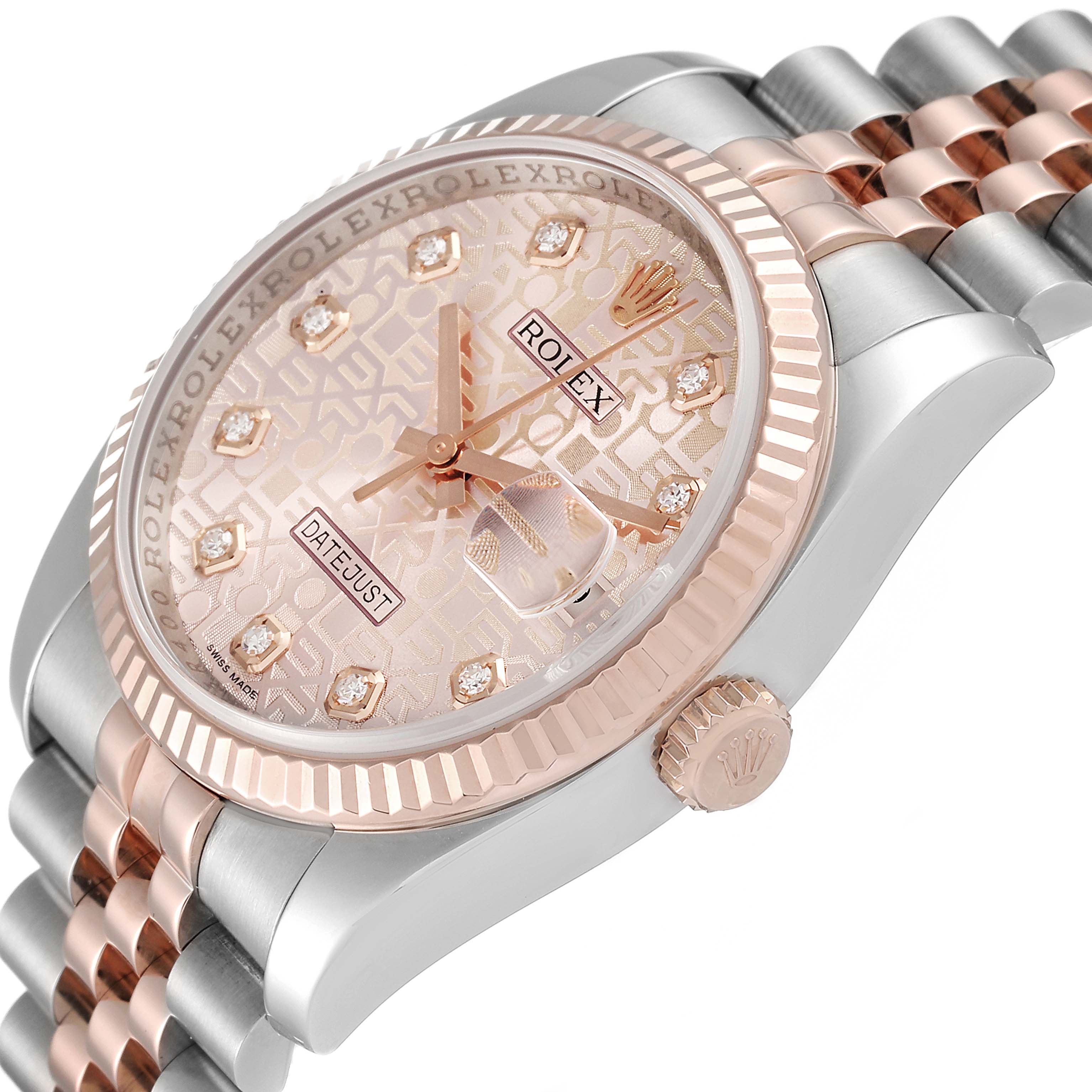 This image shows a close-up of a Rolex Datejust 116231 Men's Steel and Gold (two tone) Pink Dial 116231 Men's Steel and Gold (two tone) Pink Dial watch, highlighting its rose gold and silver case, bezel, dial, and part of the bracelet.