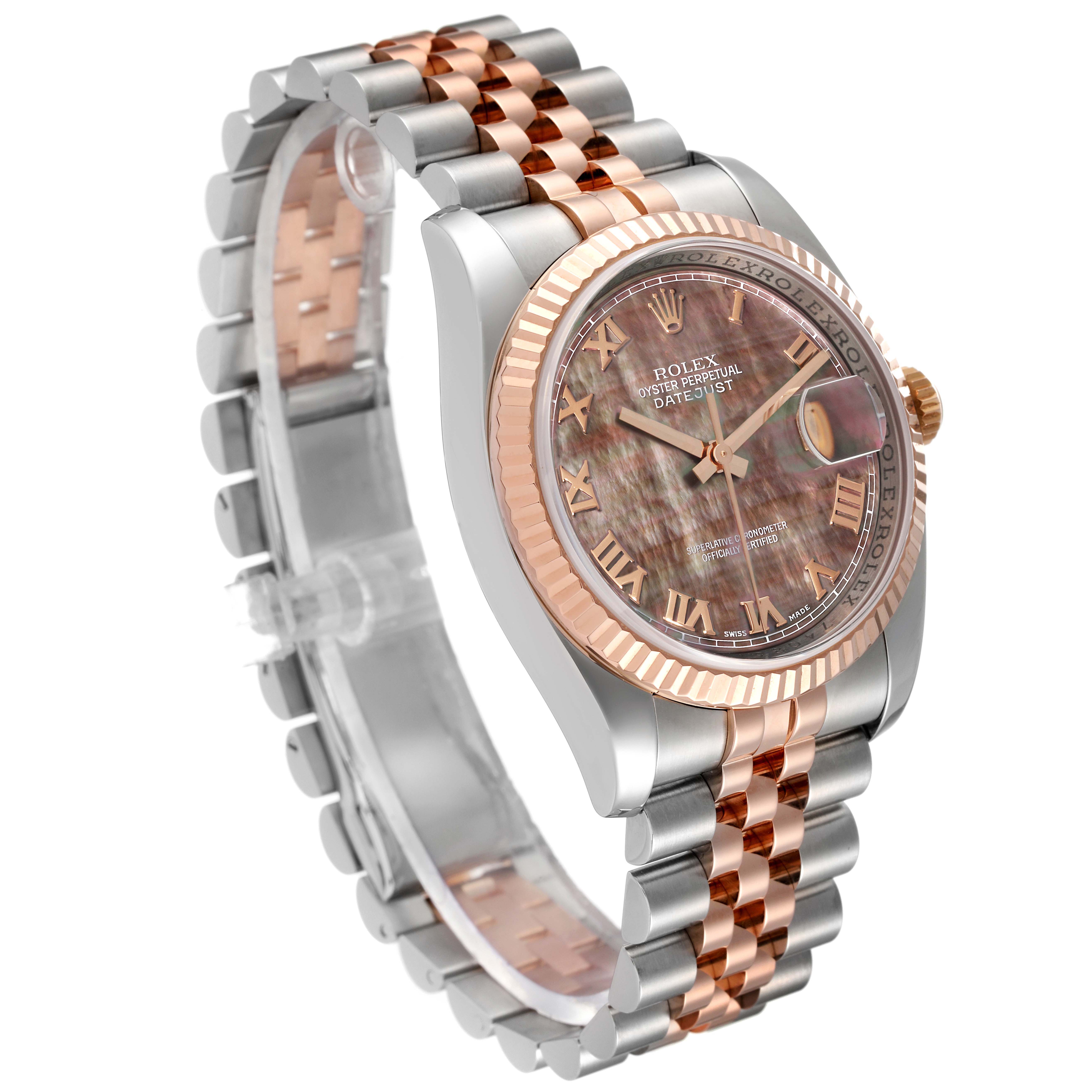 The Rolex Datejust 116231 Men's Steel and Gold (two tone) Mother of Pearl Dial 116231 Men's Steel and Gold (two tone) Mother of Pearl Dial watch is shown at a three-quarter angle, highlighting its two-tone bracelet, fluted bezel, and mother-of-pearl dial.