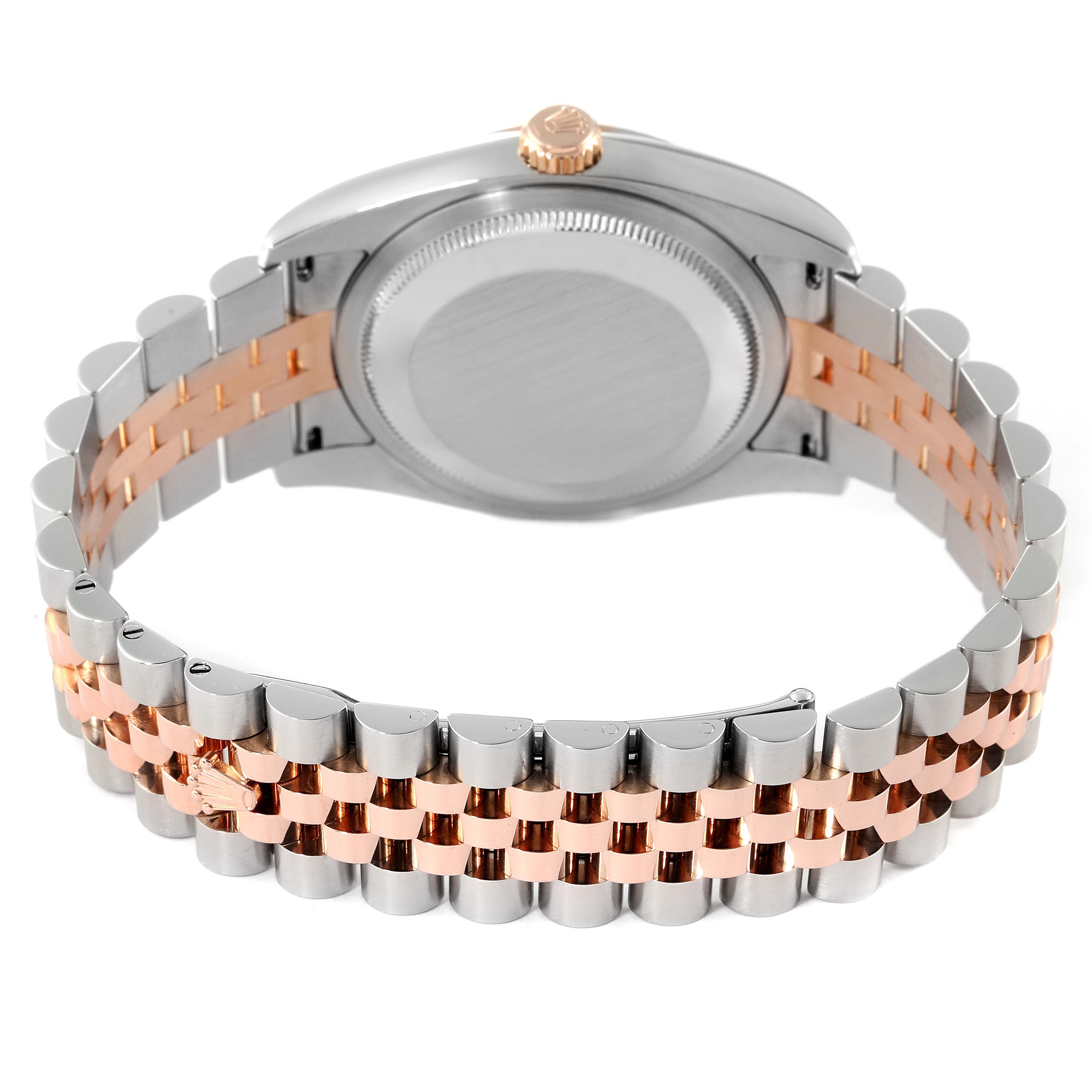 The image shows the back case and bi-metal bracelet of a Rolex Datejust 116231 Men's Steel and Gold (two tone) Mother of Pearl Dial 116231 Men's Steel and Gold (two tone) Mother of Pearl Dial watch from a rear angle.