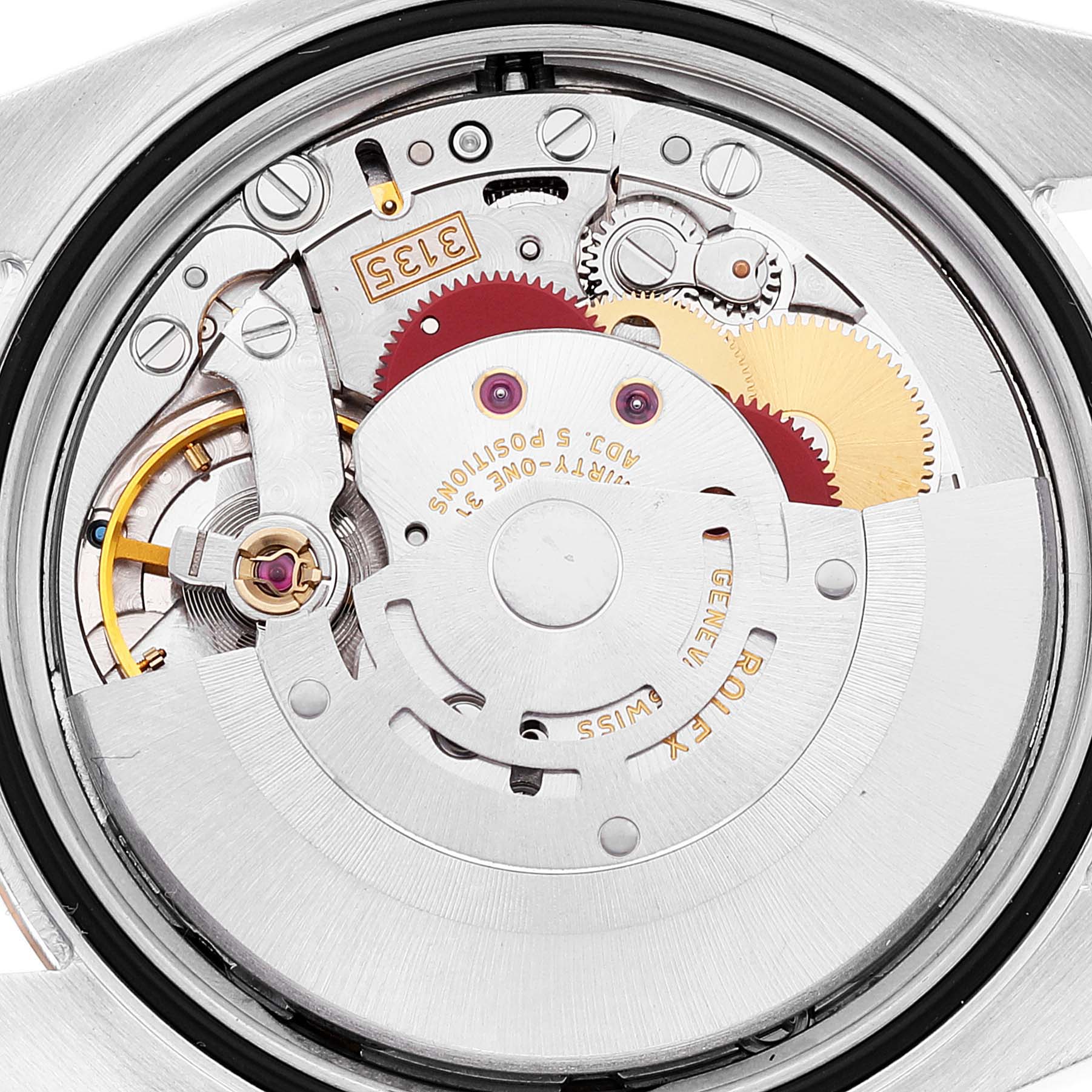The image shows the back view of the movement and inner workings of a Rolex Datejust 116231 Men's Steel and Gold (two tone) Mother of Pearl Dial 116231 Men's Steel and Gold (two tone) Mother of Pearl Dial watch.