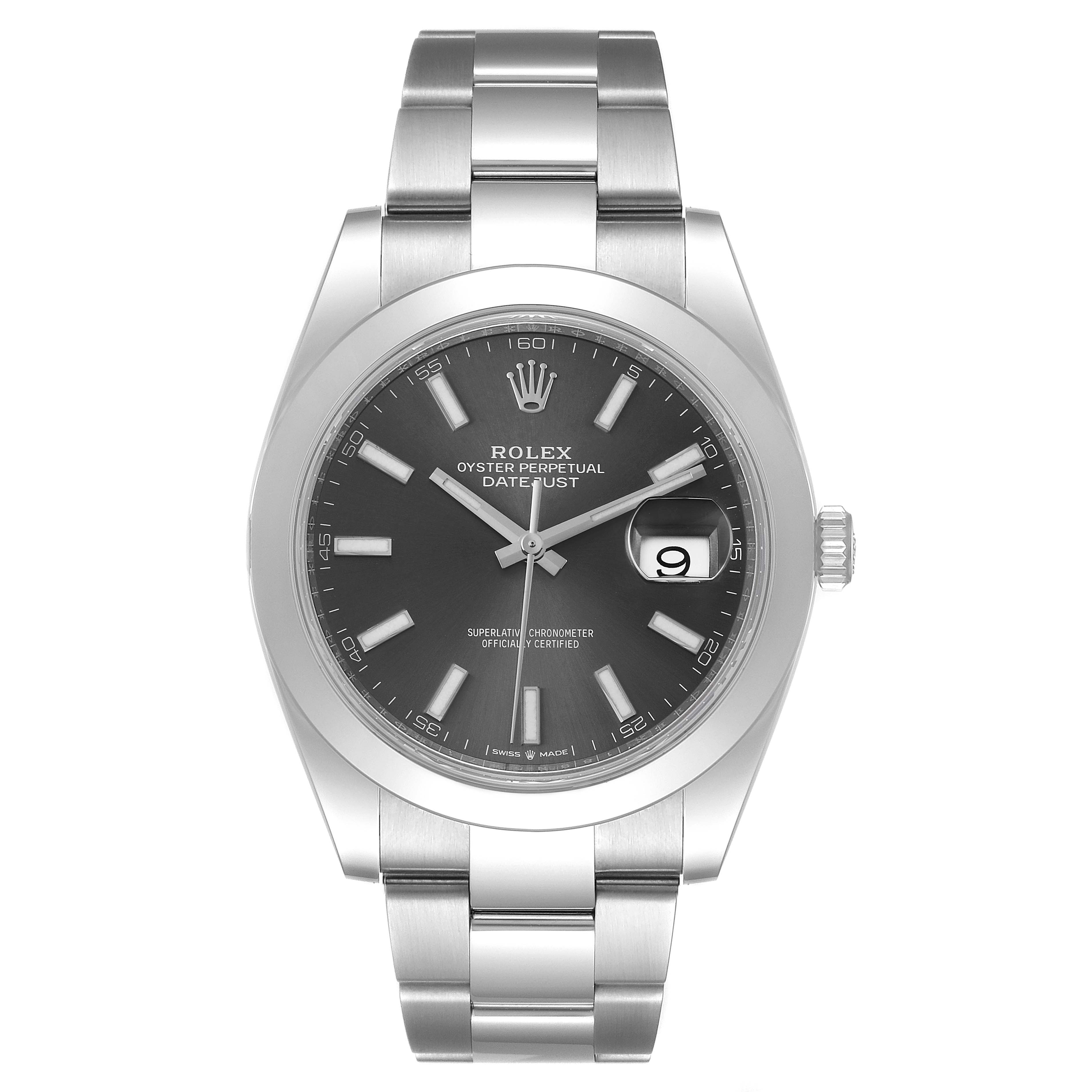 The image shows a front view of a Rolex Datejust 41 126300 Men's Stainless Steel Grey Dial 126300 Men's Stainless Steel Grey Dial watch, featuring its dial, bezel, and bracelet.