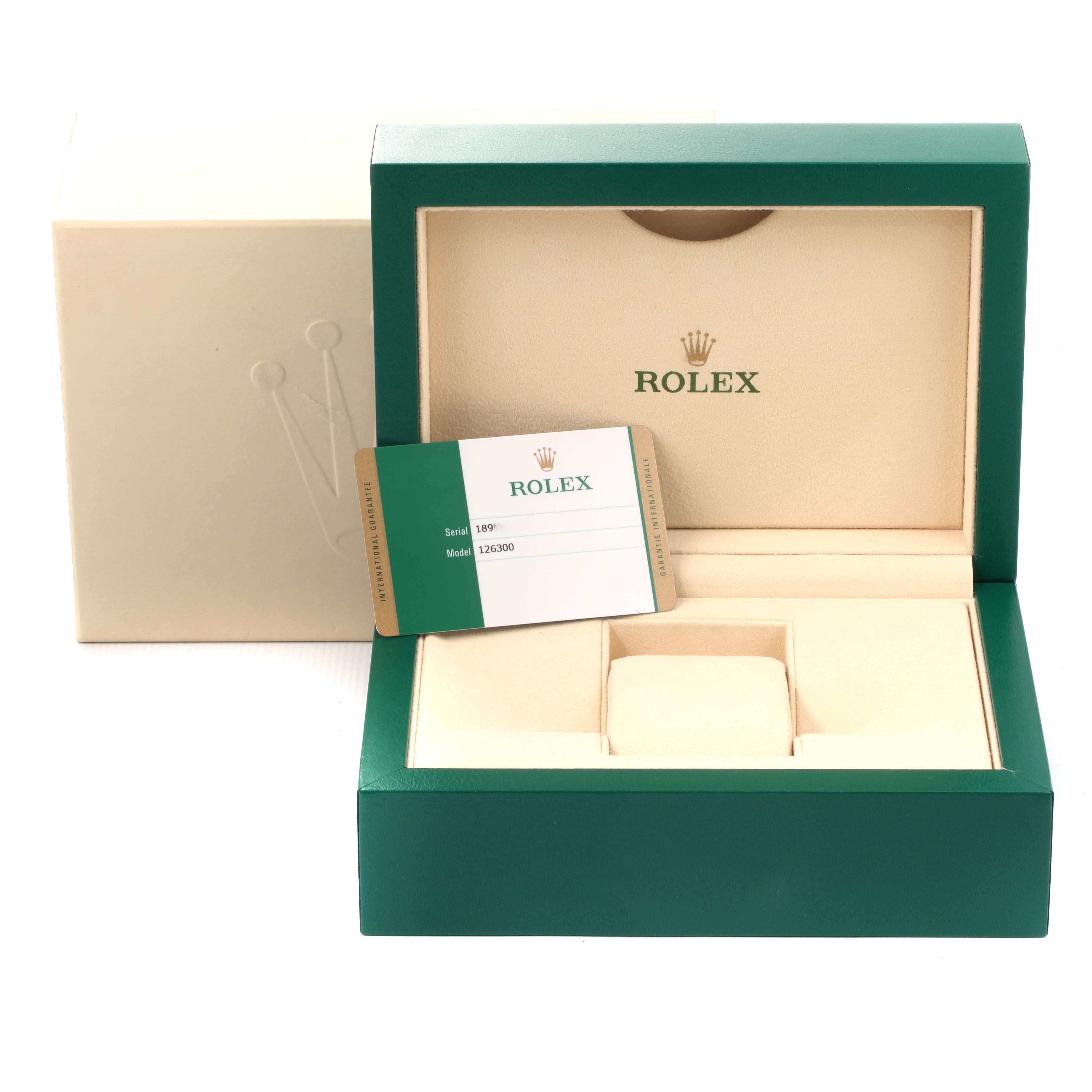 The image shows the open box and warranty card for a Rolex Datejust 41 126300 Men's Stainless Steel Grey Dial 126300 Men's Stainless Steel Grey Dial model.