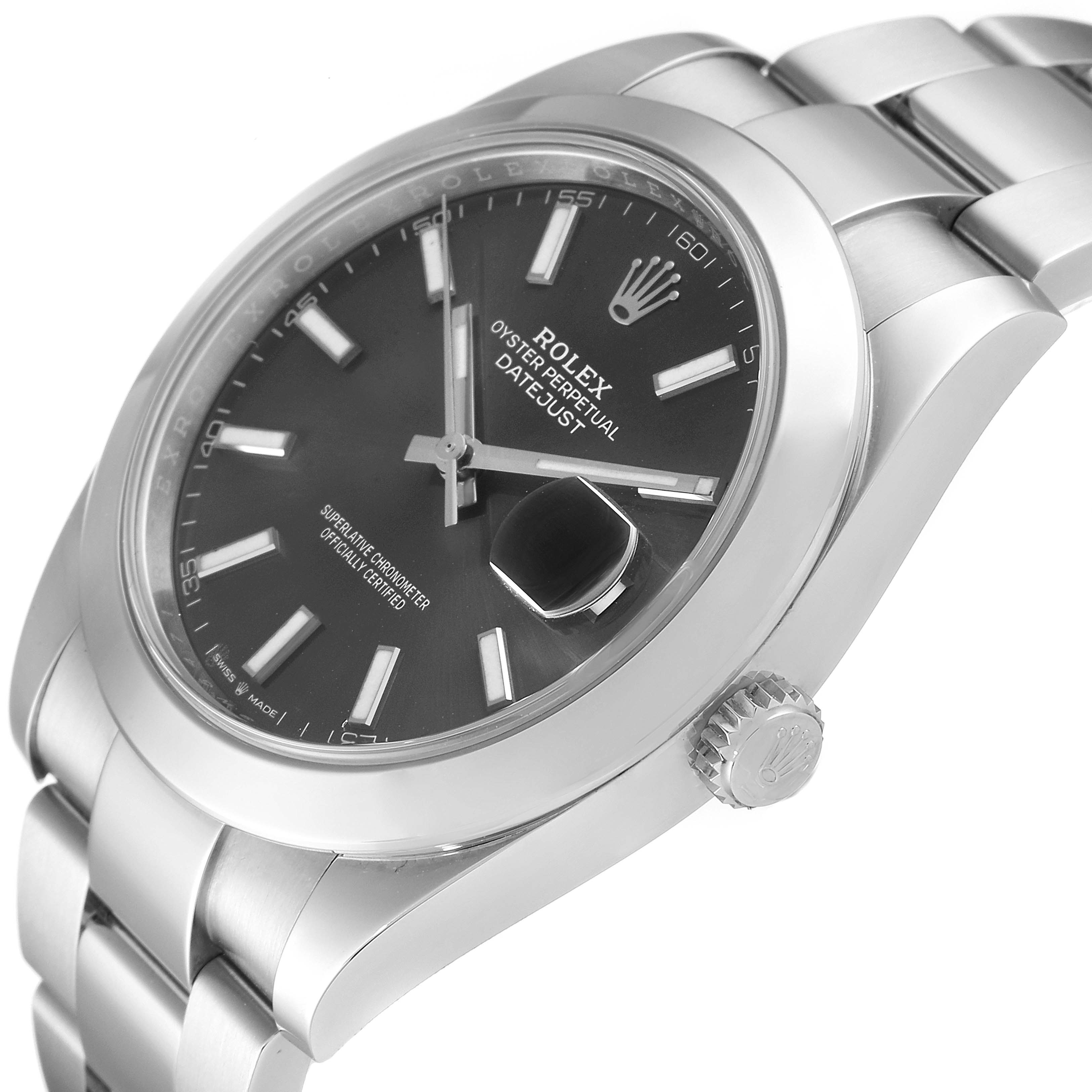 The image shows a side angle of the Rolex Datejust 41 126300 Men's Stainless Steel Grey Dial 126300 Men's Stainless Steel Grey Dial watch, highlighting the face, crown, and part of the bracelet.
