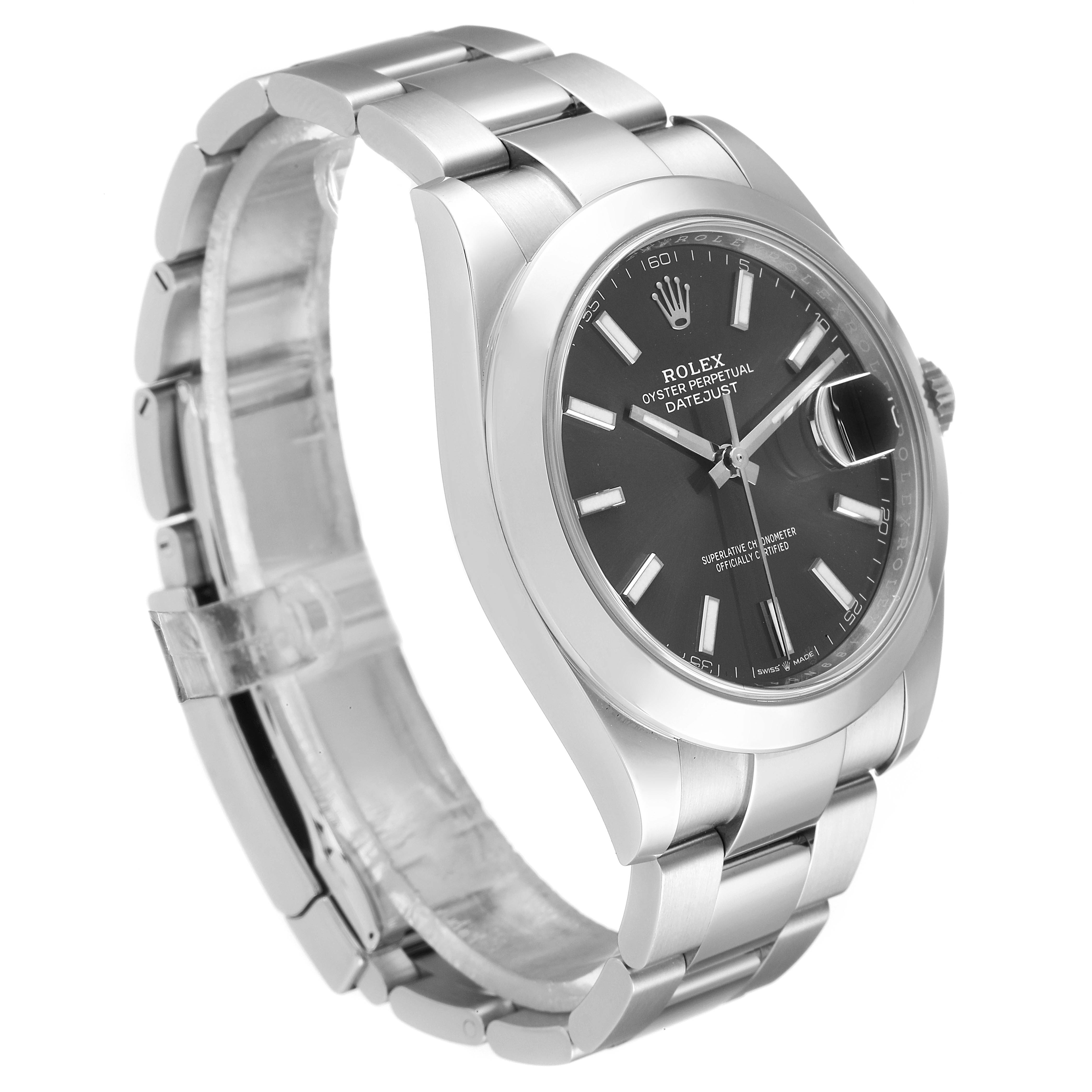 The image shows a side-angle view of a Rolex Datejust 41 126300 Men's Stainless Steel Grey Dial 126300 Men's Stainless Steel Grey Dial watch displaying the dial, bezel, crown, and bracelet.