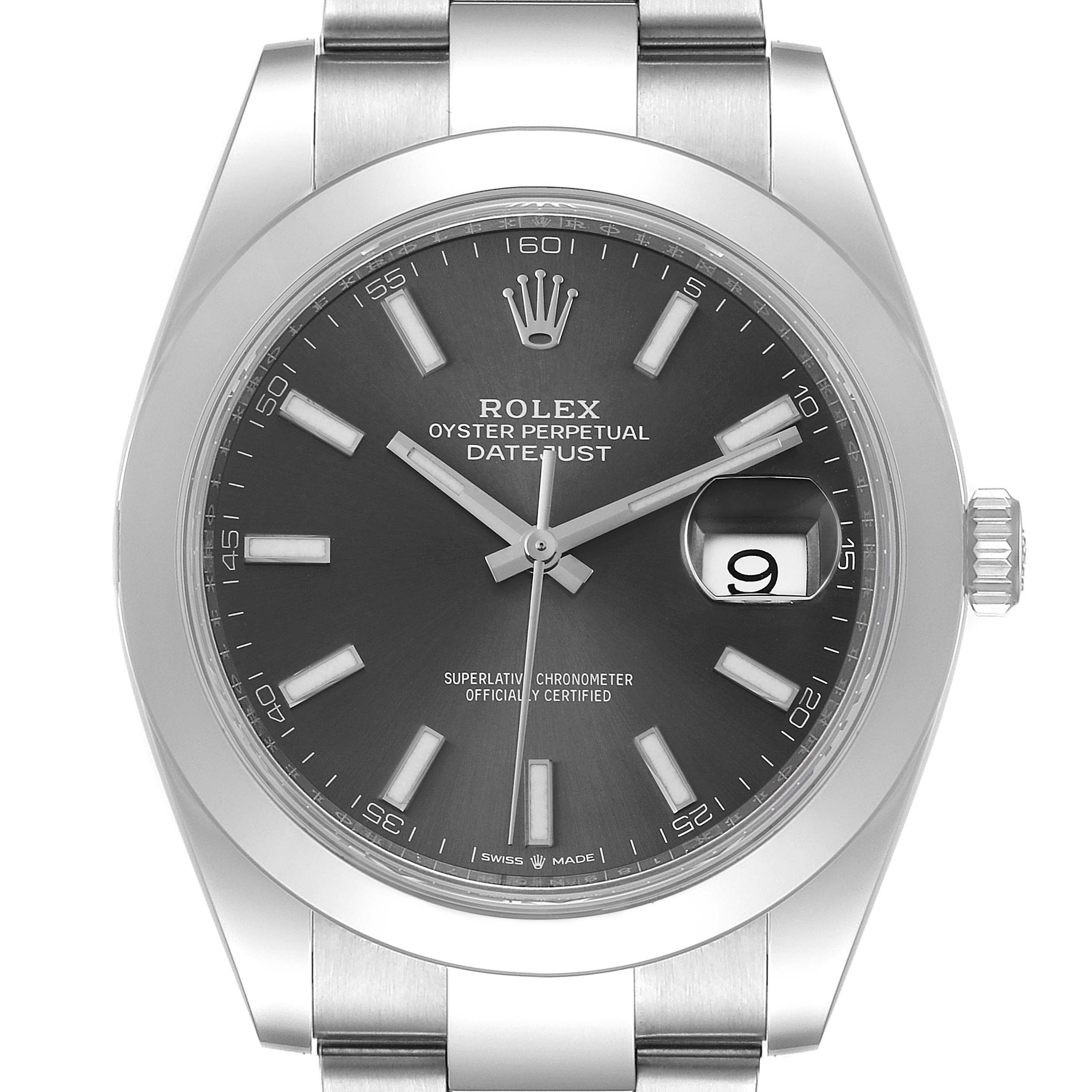 The image shows a frontal view of the Rolex Datejust 41 126300 Men's Stainless Steel Grey Dial 126300 Men's Stainless Steel Grey Dial watch, highlighting its dial, hour markers, bezel, date window, and crown.