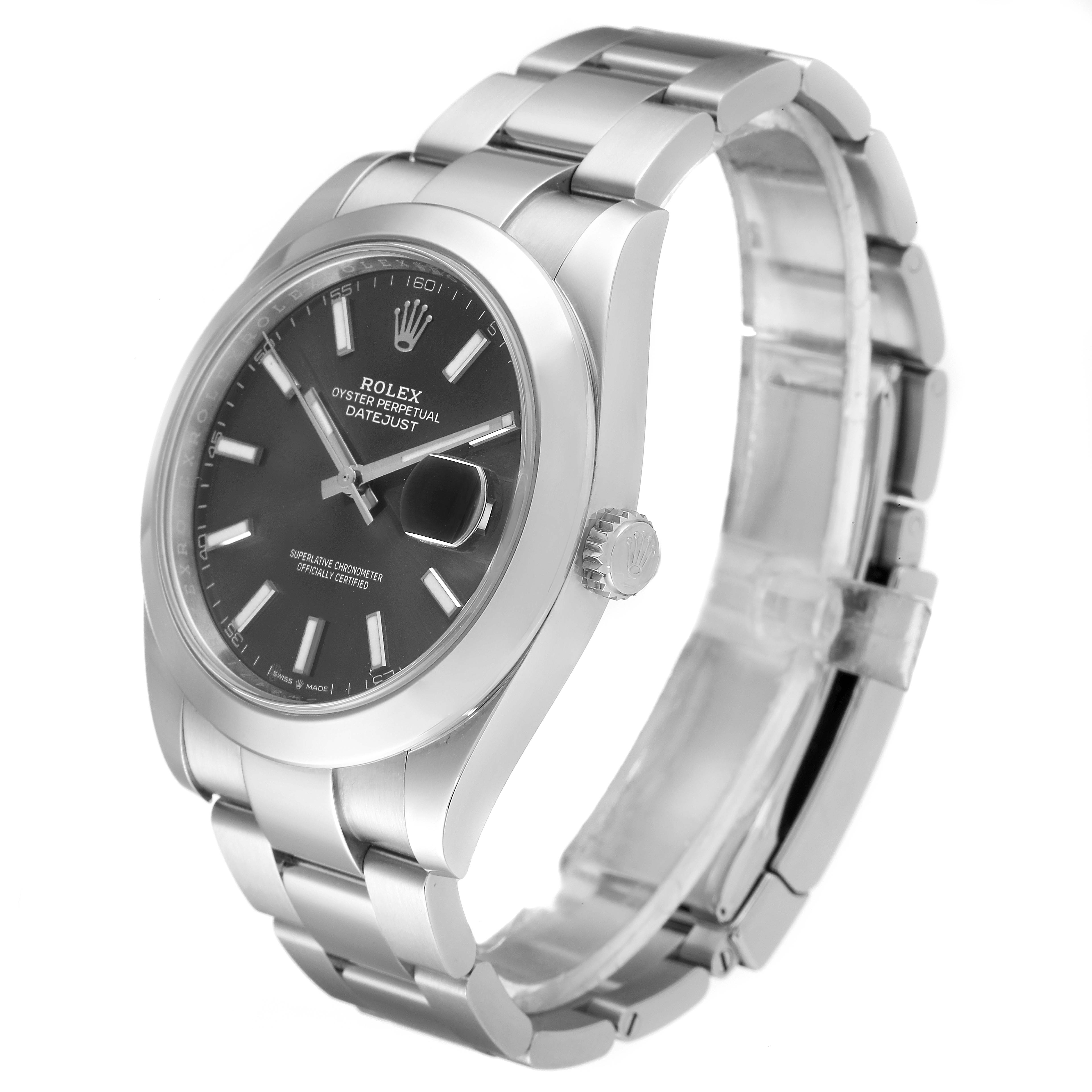 This image shows a side angle of a Rolex Datejust 41 126300 Men's Stainless Steel Grey Dial 126300 Men's Stainless Steel Grey Dial watch, highlighting its face, crown, and bracelet.