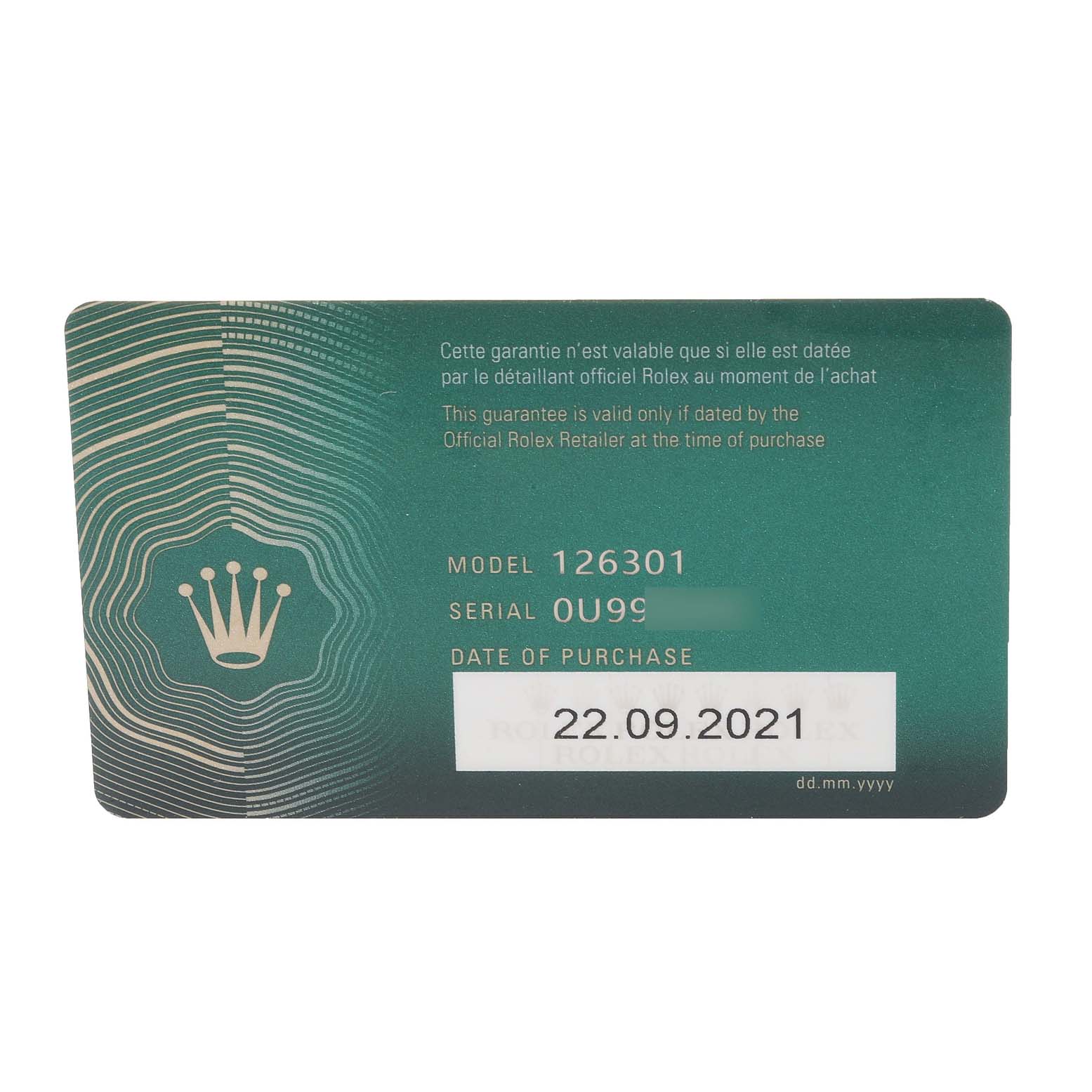 This image shows a warranty card for the Rolex Datejust 41 126301 Men's Steel and Gold (two tone) Pink Dial 126301 Men's Steel and Gold (two tone) Pink Dial model 126301, displaying the model, serial number, and purchase date.