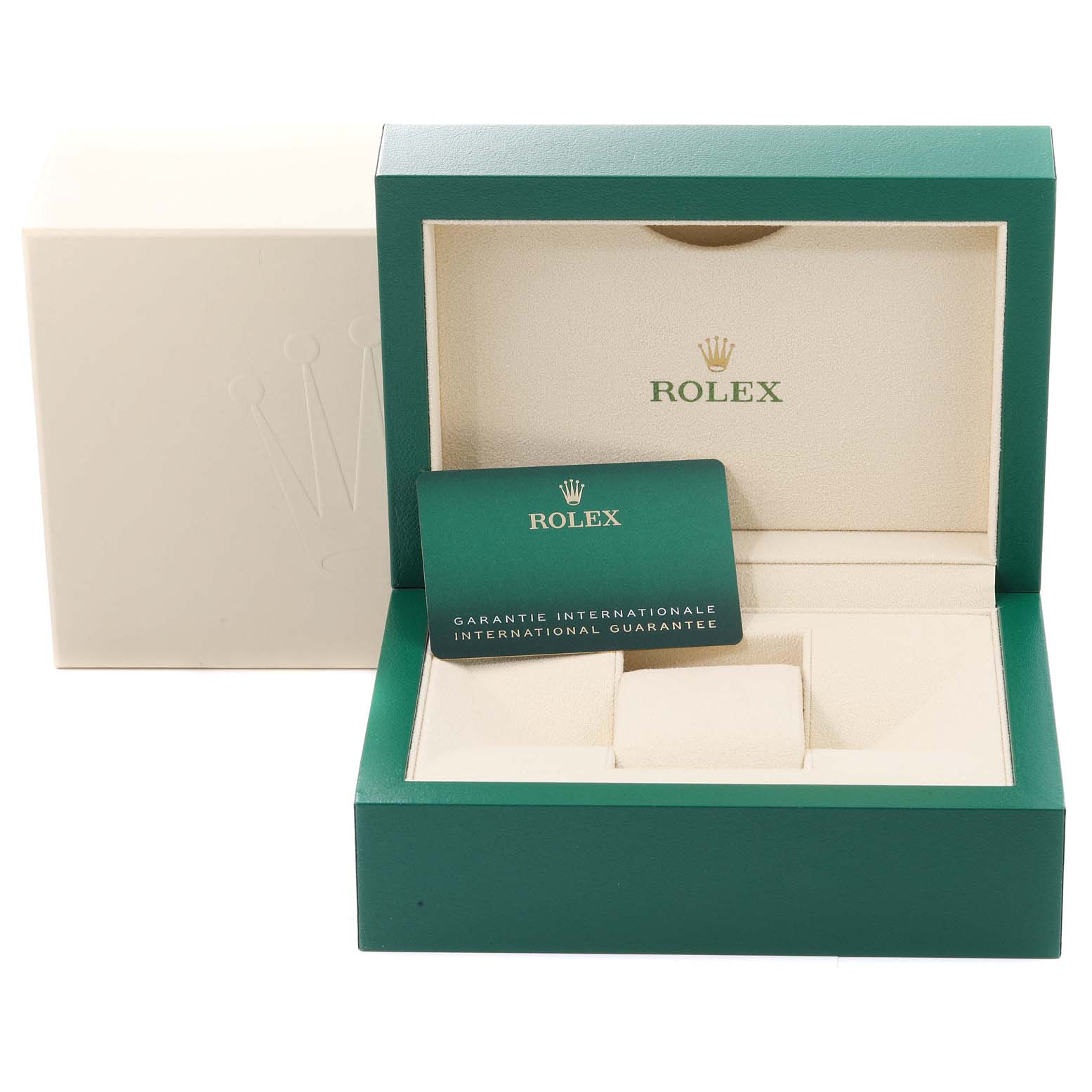 The image shows the open packaging and guarantee card for the Rolex Datejust 41 126301 Men's Steel and Gold (two tone) Pink Dial 126301 Men's Steel and Gold (two tone) Pink Dial watch.