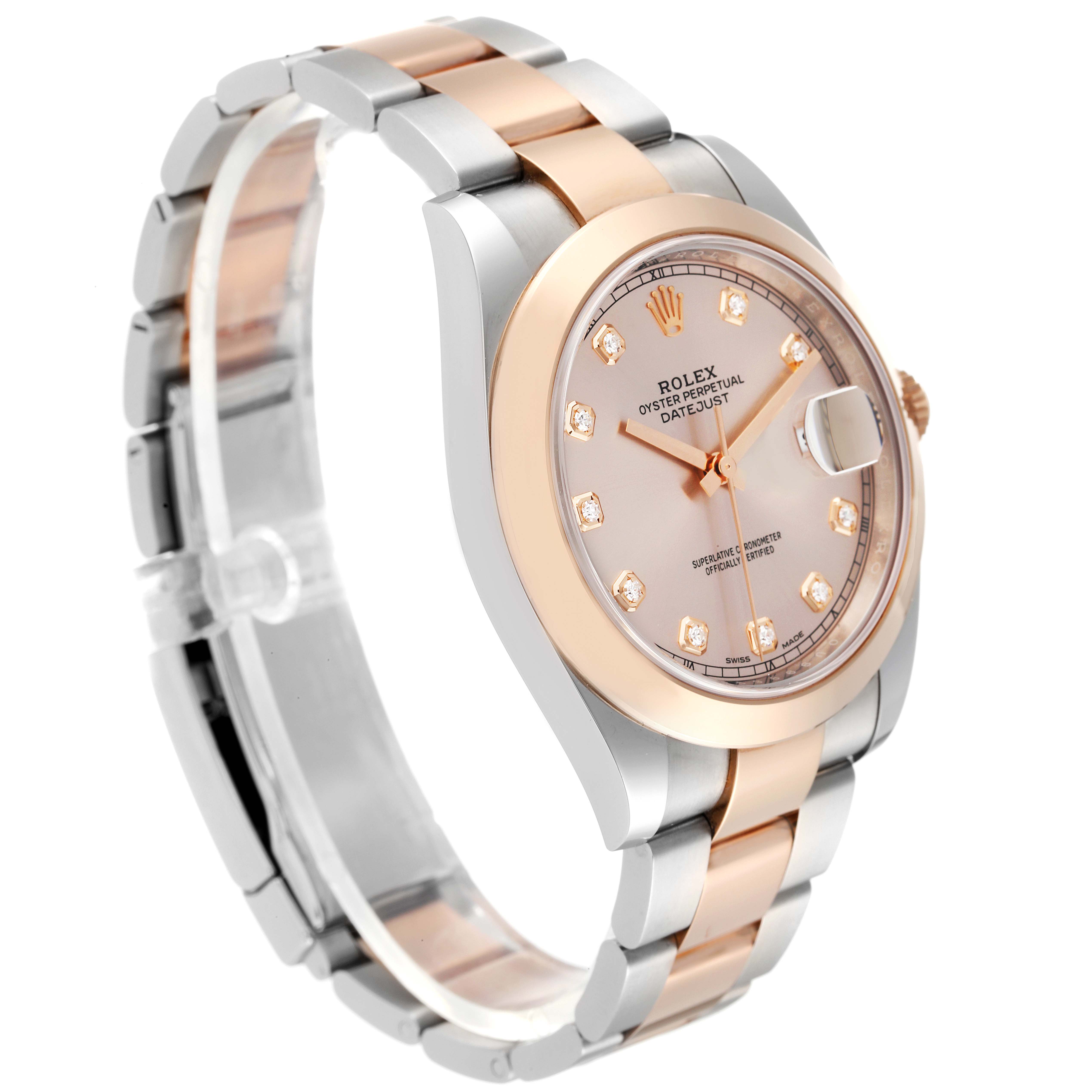 The image shows a front angled view of a Rolex Datejust 41 126301 Men's Steel and Gold (two tone) Pink Dial 126301 Men's Steel and Gold (two tone) Pink Dial watch, highlighting the face, bezel, and bracelet.