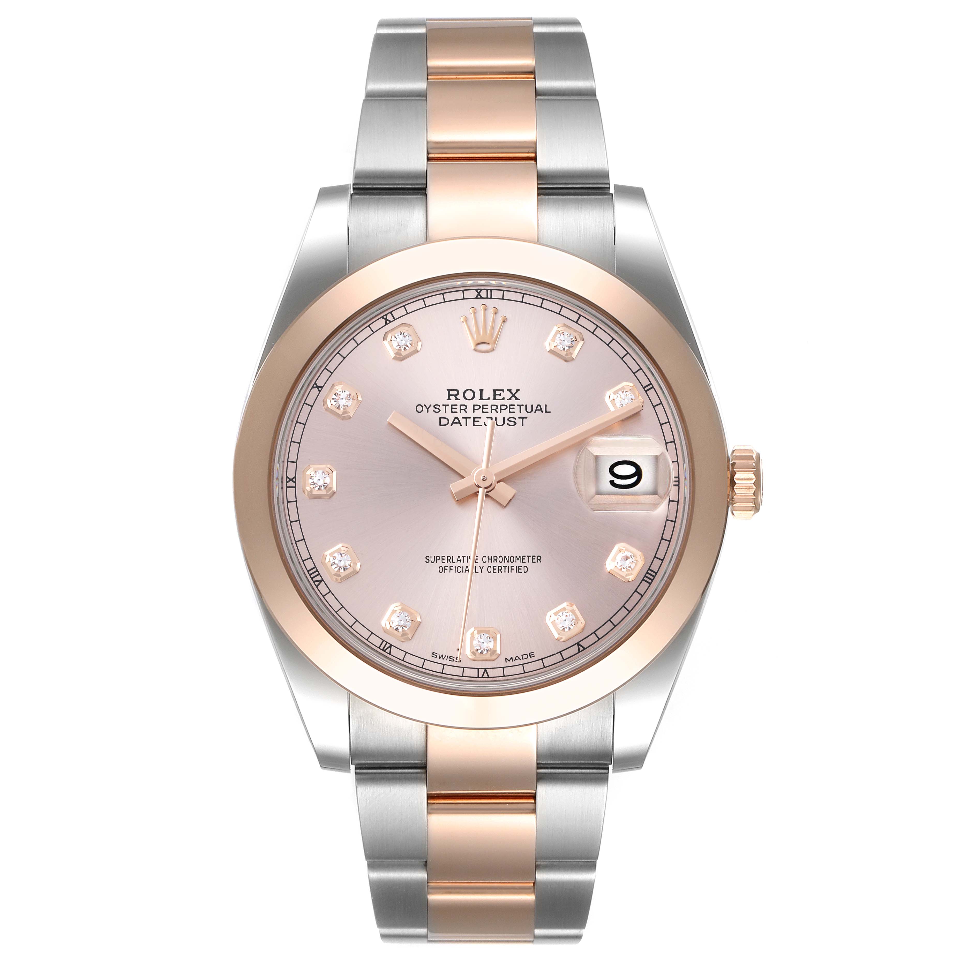 The Rolex Datejust 41 126301 Men's Steel and Gold (two tone) Pink Dial 126301 Men's Steel and Gold (two tone) Pink Dial model is shown from a front angle, displaying its dial, bezel, and bracelet.