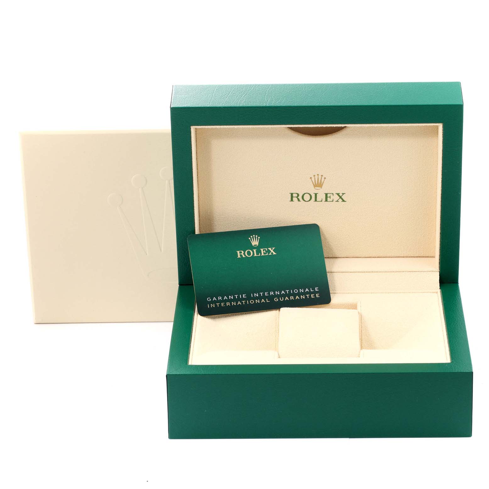 The image shows the packaging and international guarantee card for a Rolex Datejust 41 126301 Men's Steel and Gold (two tone) Pink Dial 126301 Men's Steel and Gold (two tone) Pink Dial watch, with both the inner and outer boxes visible.