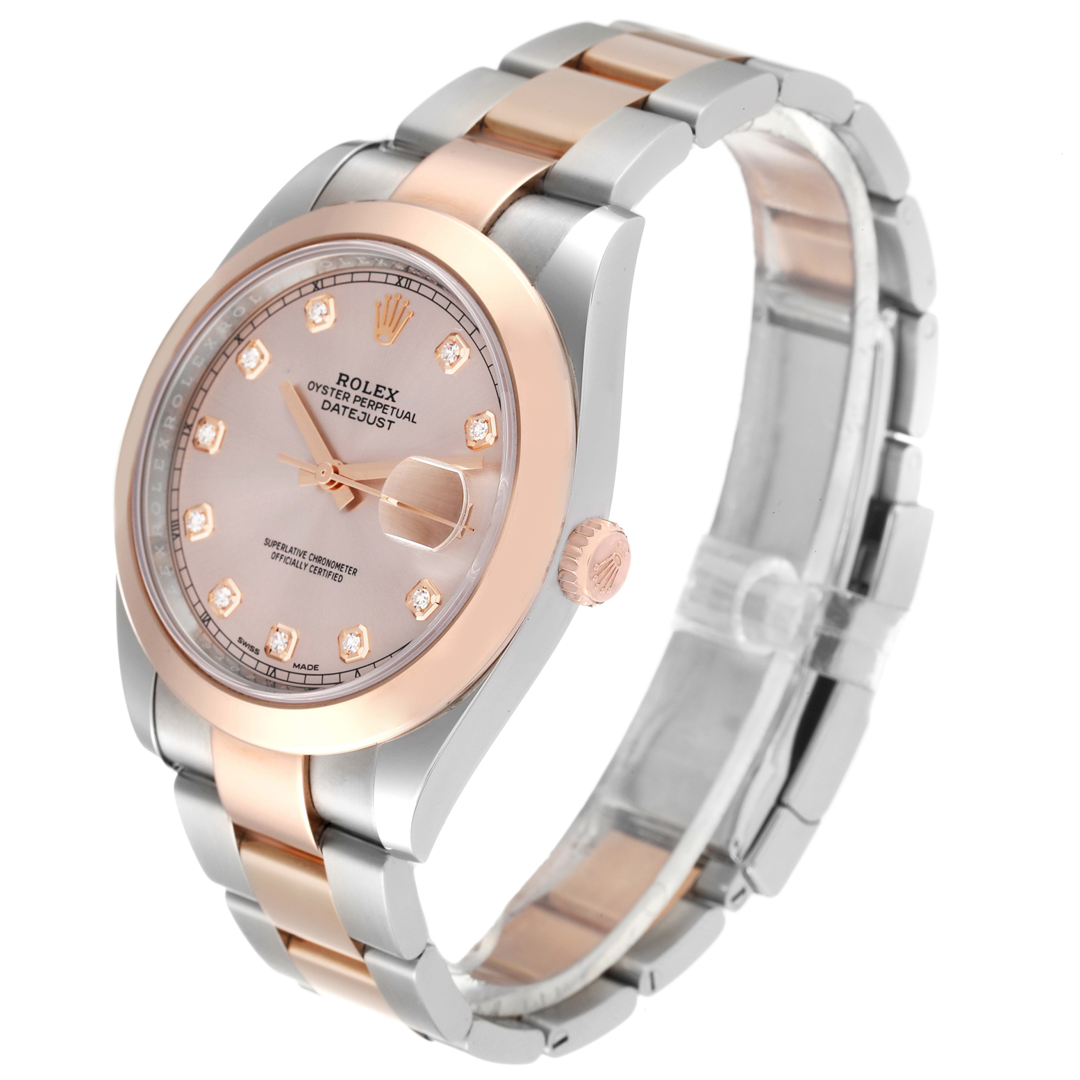 The image shows a Rolex Datejust 41 126301 Men's Steel and Gold (two tone) Pink Dial 126301 Men's Steel and Gold (two tone) Pink Dial watch at a three-quarter angle, highlighting its two-tone bracelet, dial, and crown.