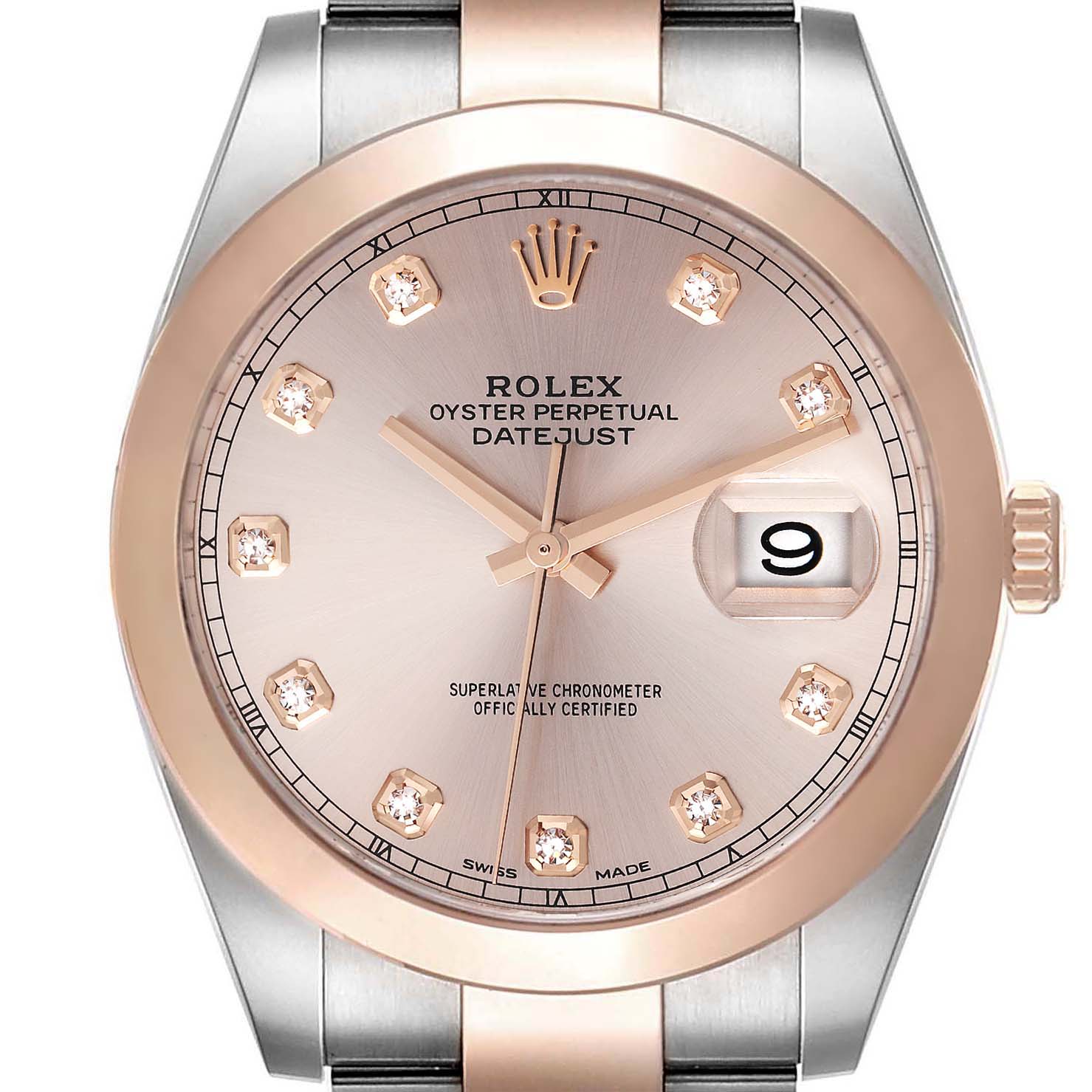 The image shows a front view of the Rolex Datejust 41 126301 Men's Steel and Gold (two tone) Pink Dial 126301 Men's Steel and Gold (two tone) Pink Dial watch, highlighting its dial, hands, date window, and bracelet.