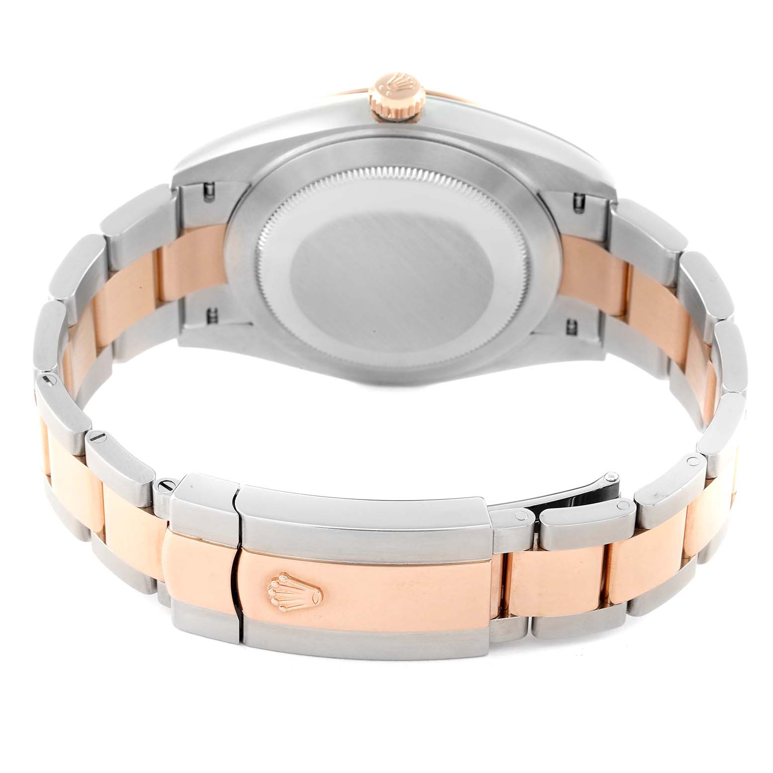 The image shows the back view of a Rolex Datejust 41 126301 Men's Steel and Gold (two tone) Pink Dial 126301 Men's Steel and Gold (two tone) Pink Dial watch, highlighting the case back, crown, and two-tone bracelet.