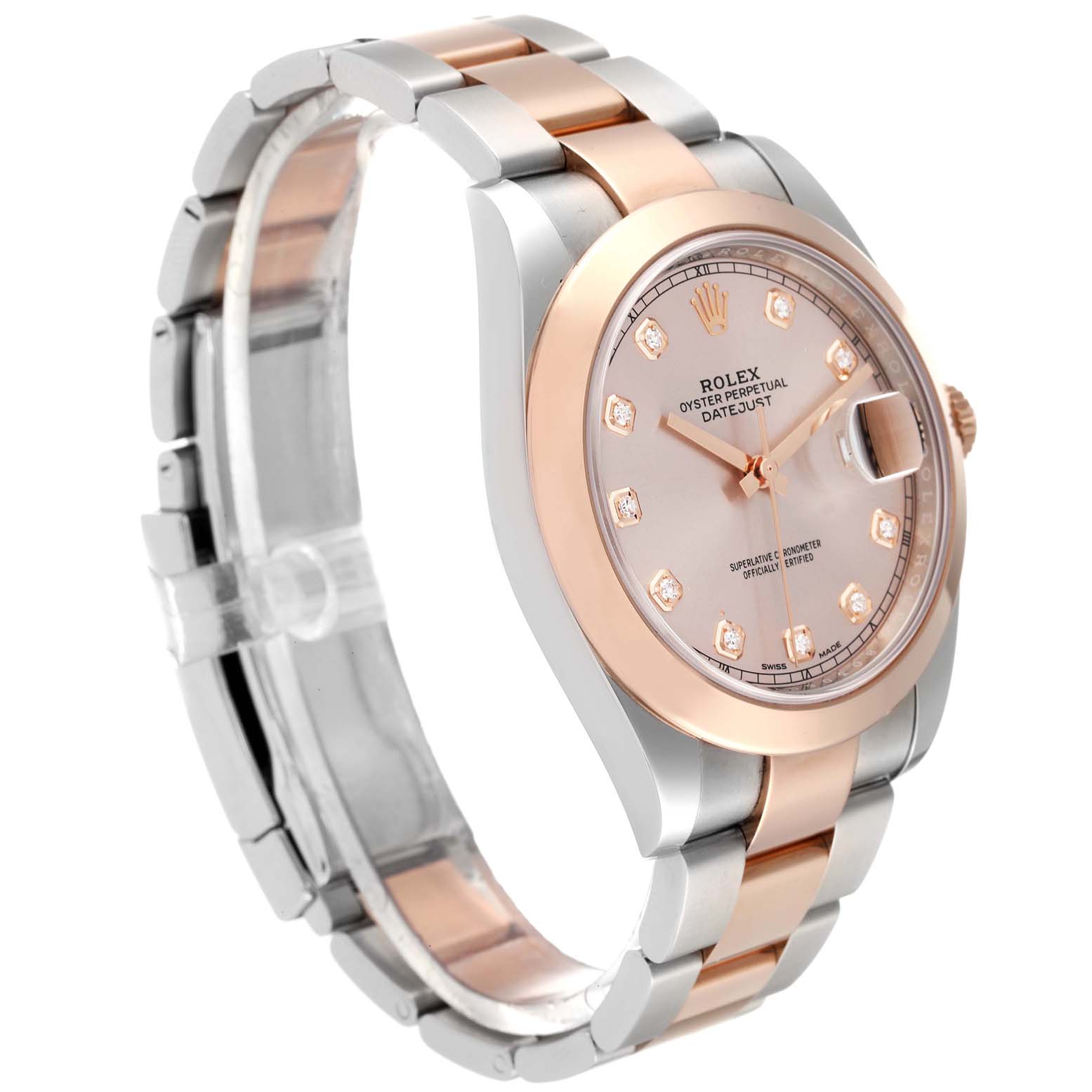 This Rolex Datejust 41 126301 Men's Steel and Gold (two tone) Pink Dial 126301 Men's Steel and Gold (two tone) Pink Dial model is shown from an oblique angle featuring the watch face, bezel, and two-tone bracelet.