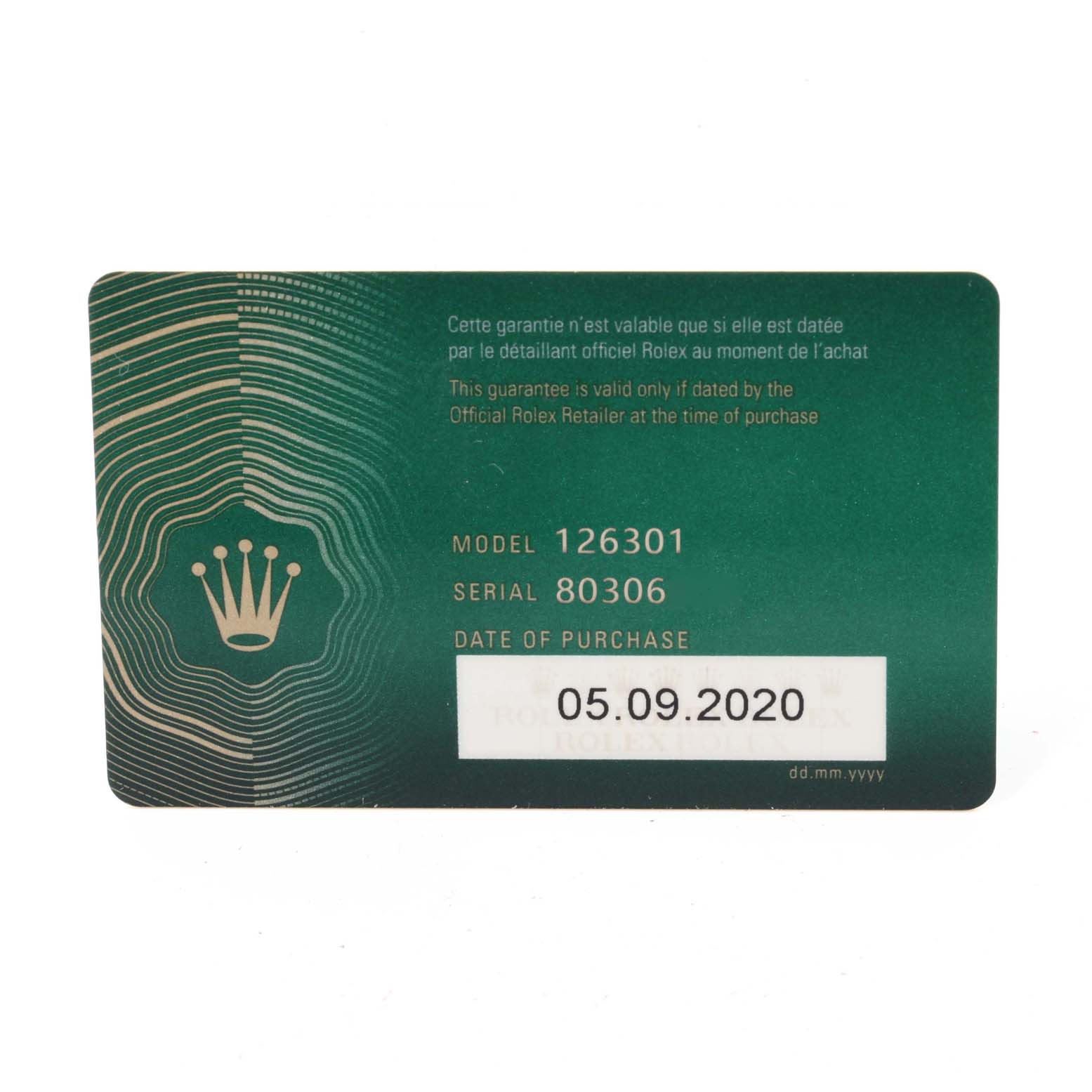 The image shows the guarantee card for a Rolex Datejust 41 126301 Men's Steel and Gold (two tone) Pink Dial 126301 Men's Steel and Gold (two tone) Pink Dial model, including the model and serial number, and the date of purchase.