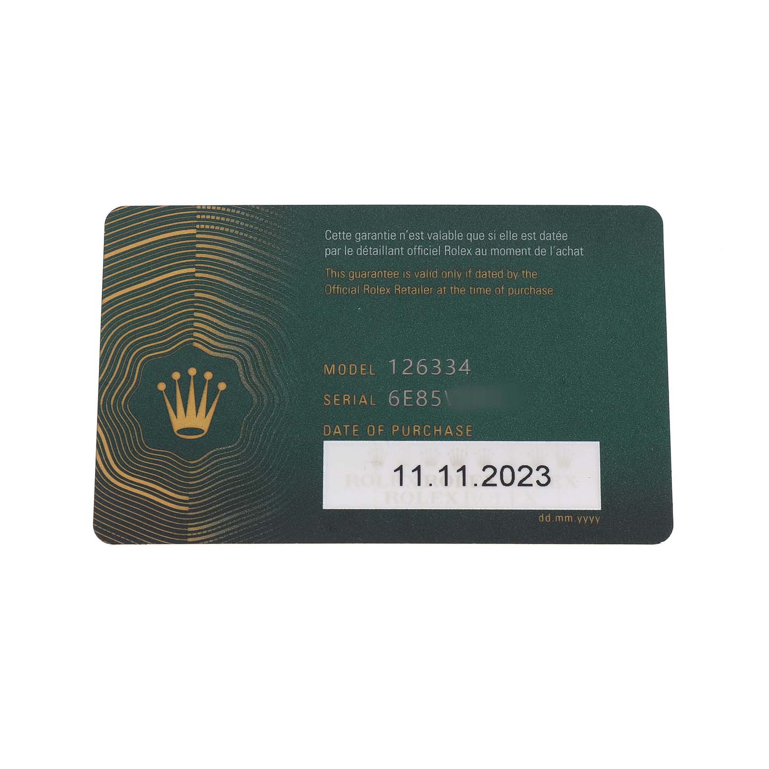 The image shows a Rolex warranty card for the Datejust 41, displaying model and serial numbers, and date of purchase.
