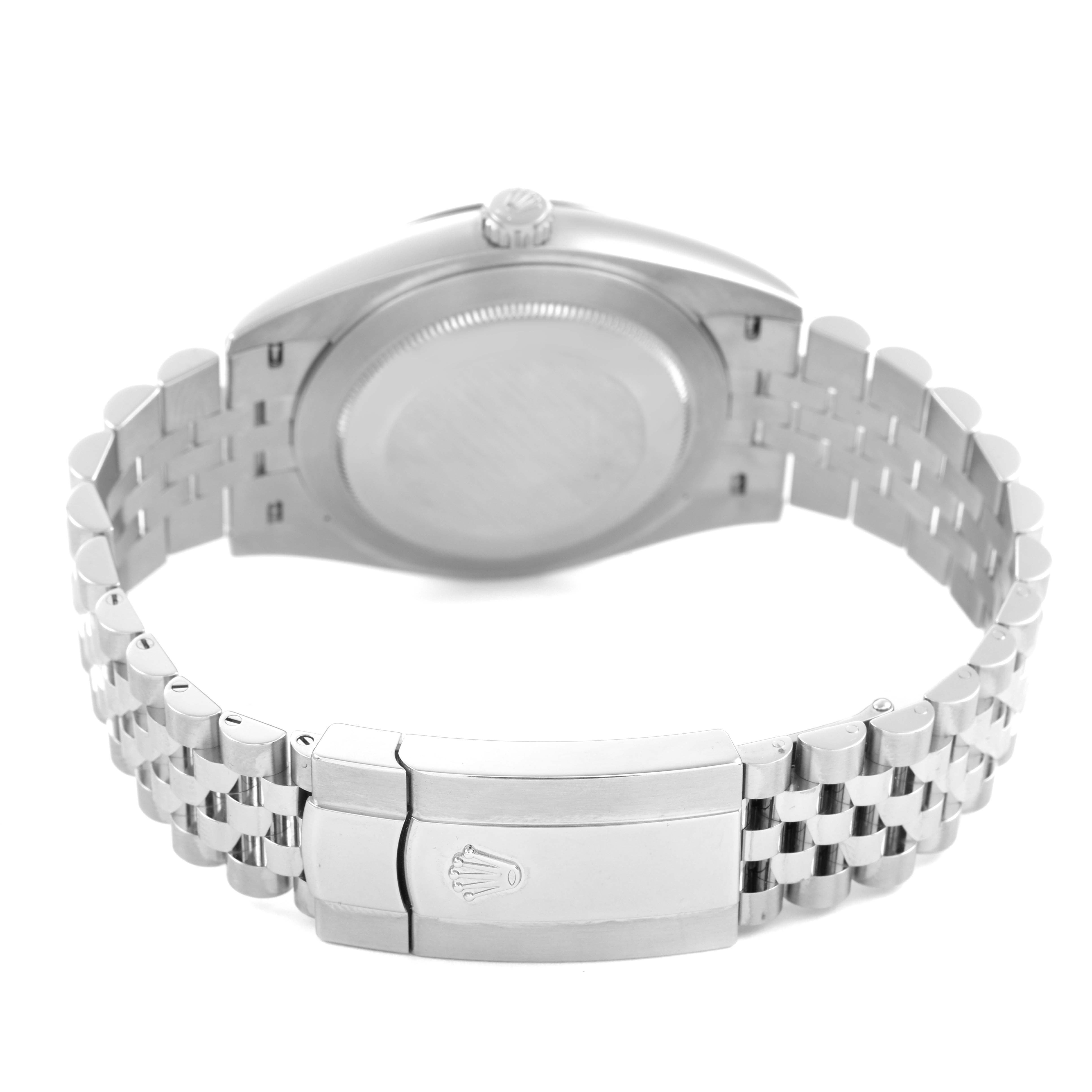 The image shows the back of a Rolex Datejust 41 126334 Men's Stainless Steel Green Dial watch, highlighting the case back, Jubilee bracelet, and clasp with logo.