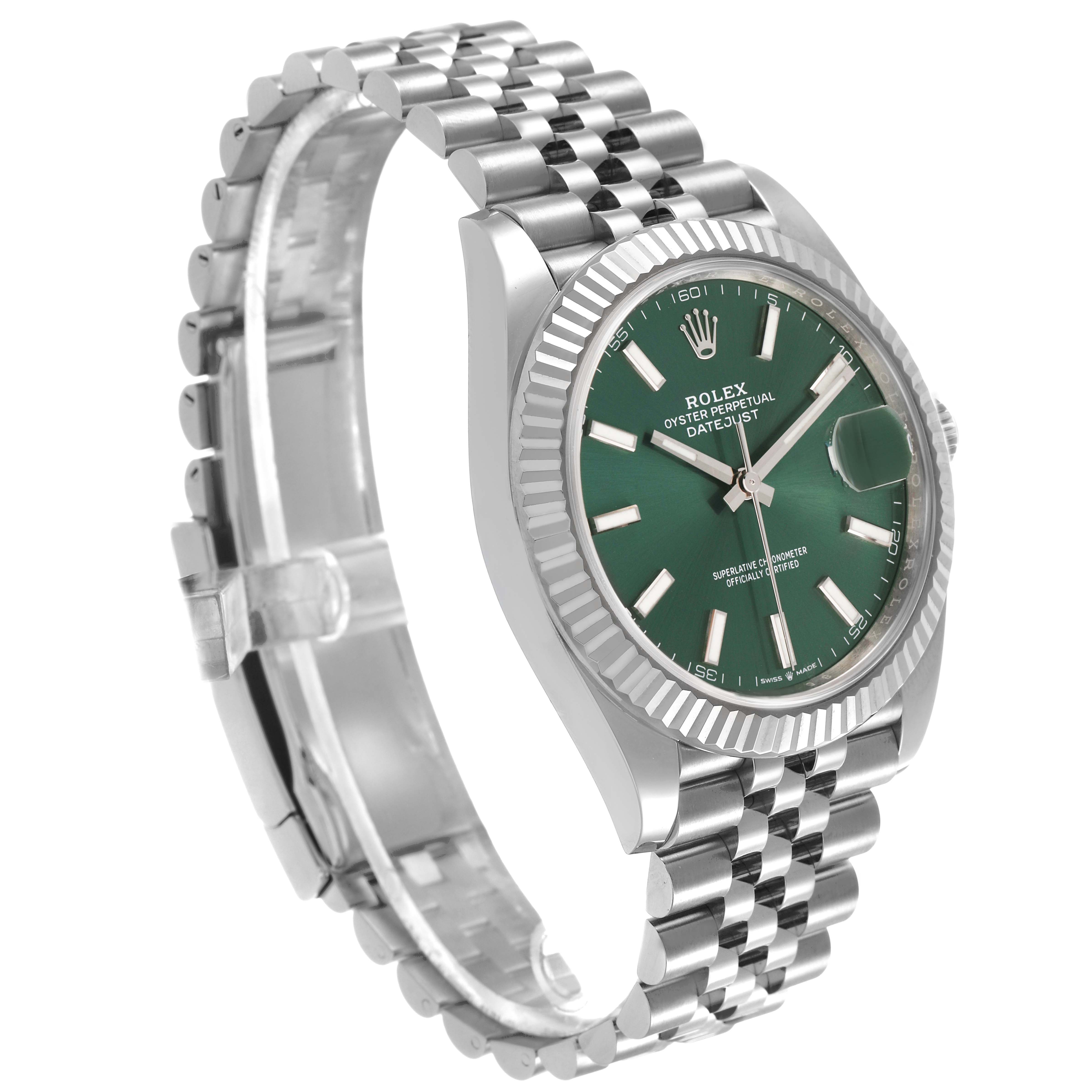 The Rolex Datejust 41 126334 Men's Stainless Steel Green Dial is shown at an angle displaying the green dial, fluted bezel, Jubilee bracelet, and side case.