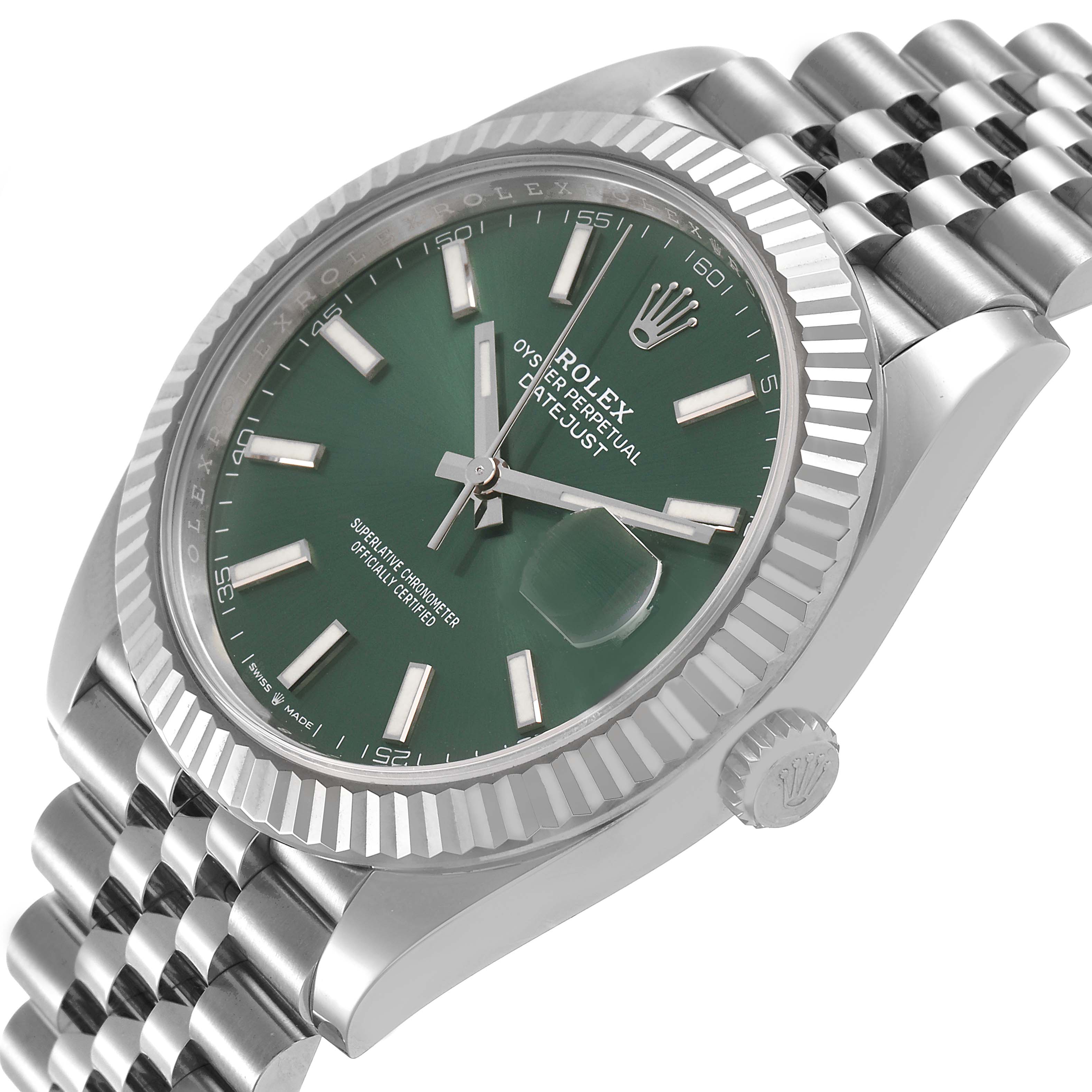 The Rolex Datejust 41 126334 Men's Stainless Steel Green Dial is shown at an angle highlighting its green dial, fluted bezel, and Jubilee bracelet.