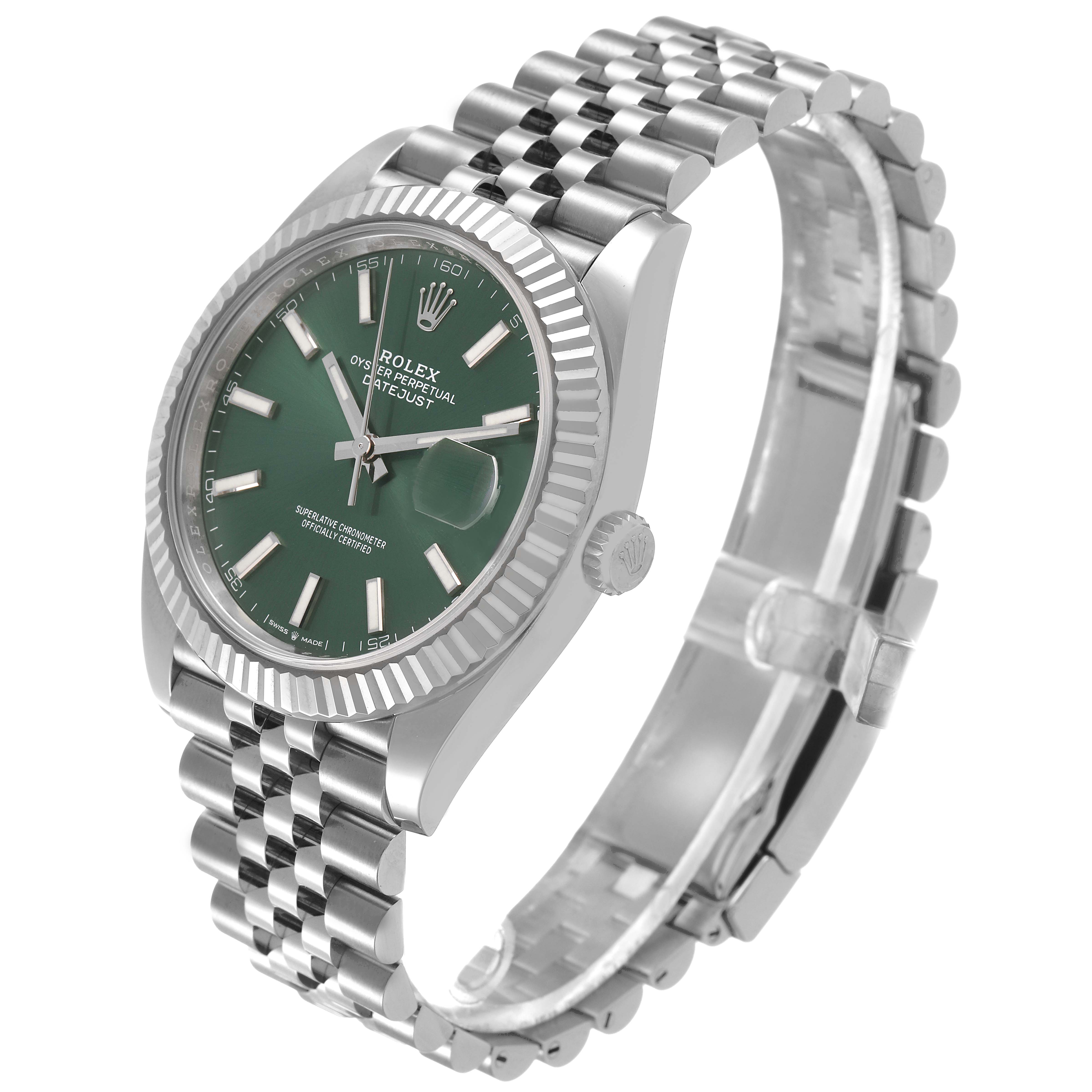 The Rolex Datejust 41 126334 Men's Stainless Steel Green Dial is shown at a slight angle, displaying the face, fluted bezel, bracelet, and crown.