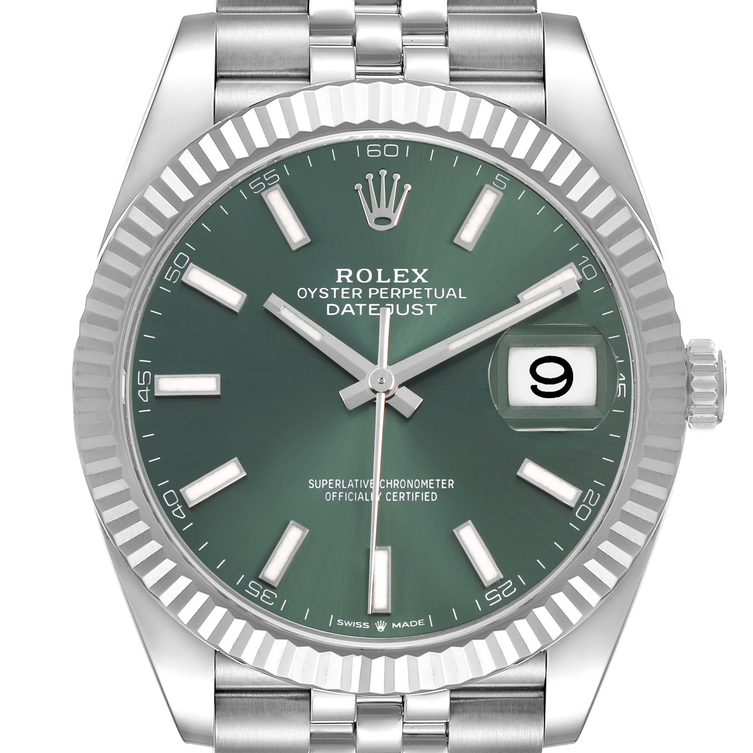 The Rolex Datejust 41 126334 Men's Stainless Steel Green Dial watch is shown from the front, displaying the dial, fluted bezel, and part of the bracelet.