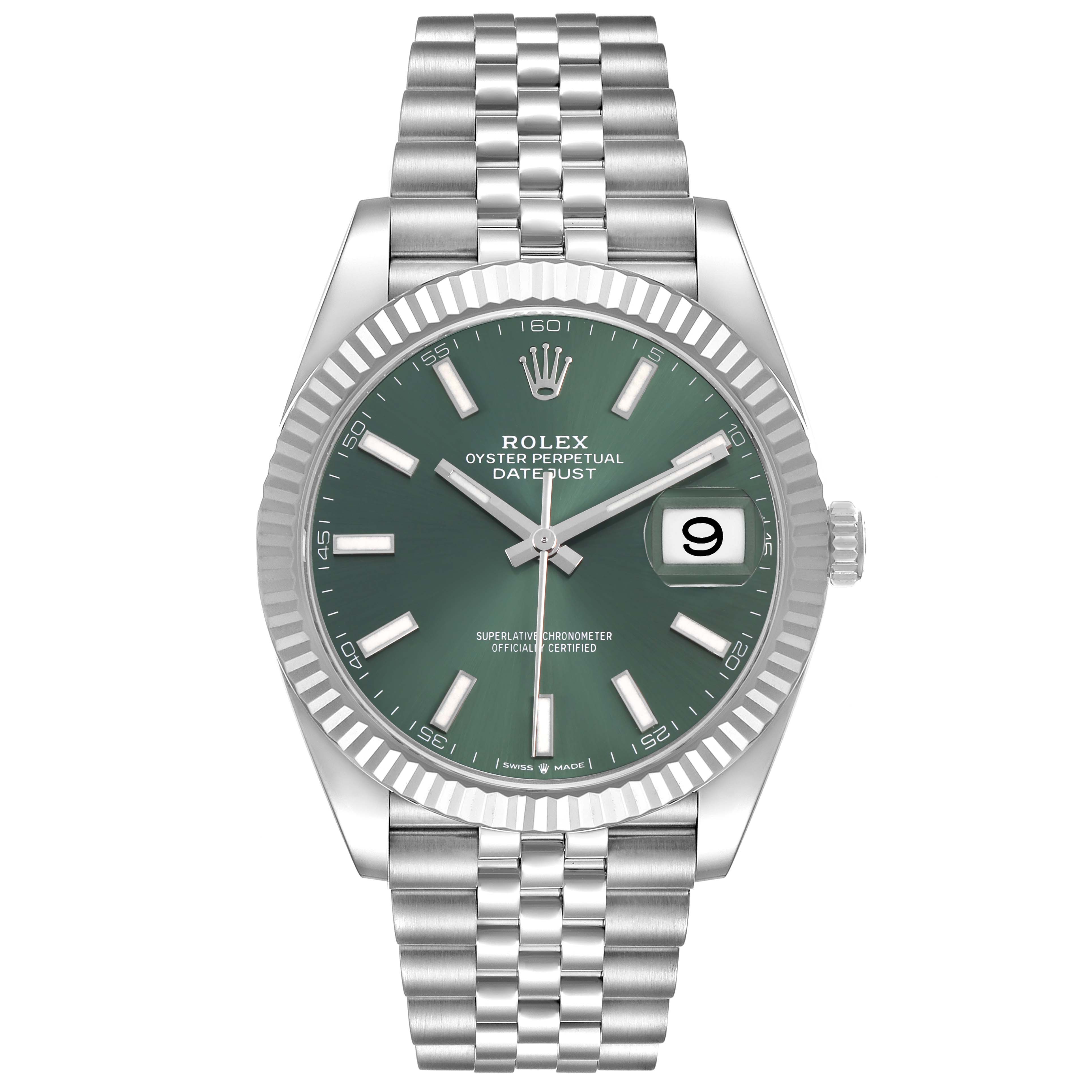 The Rolex Datejust 41 126334 Men's Stainless Steel Green Dial is shown from the front, featuring a green dial, fluted bezel, and Jubilee bracelet.